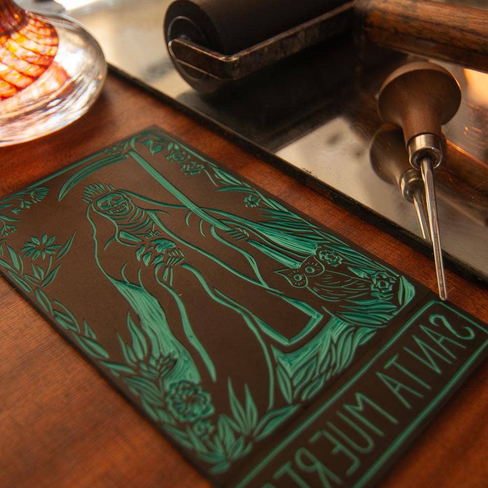 SANTA MUERTE ORACLE ALTAR CARD PRINT | linocut design