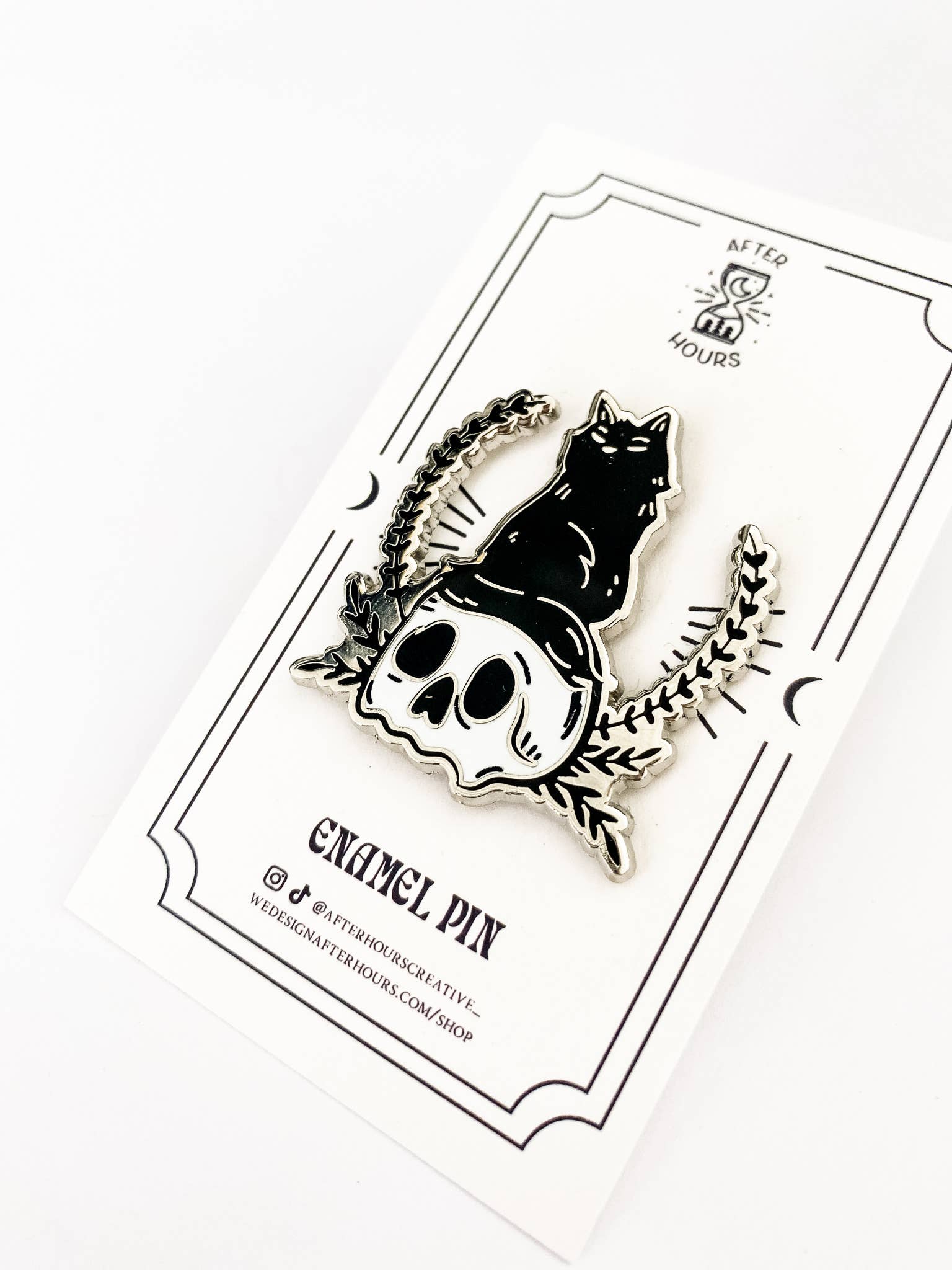 Black Cat On Skull Enamel Pin