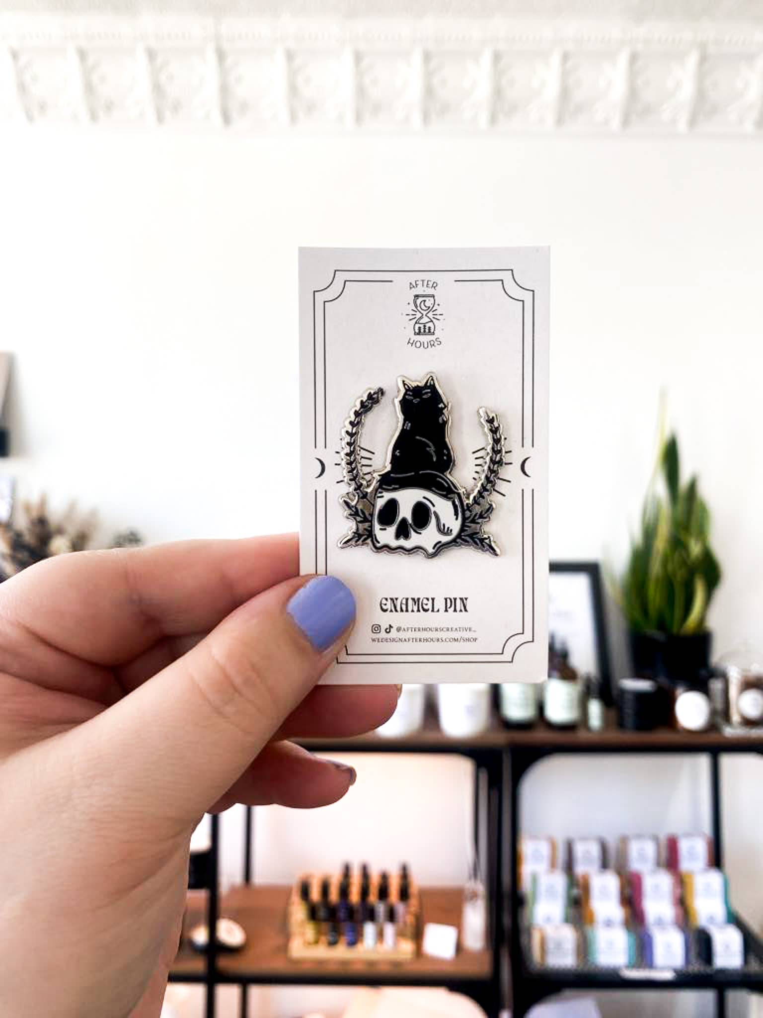 Black Cat On Skull Enamel Pin