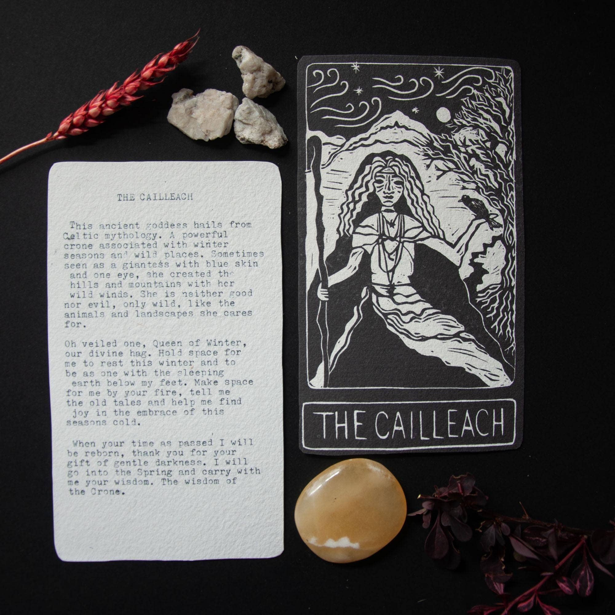 THE CAILLEACH ORACLE ALTAR CARD PRINT |  Linocut design