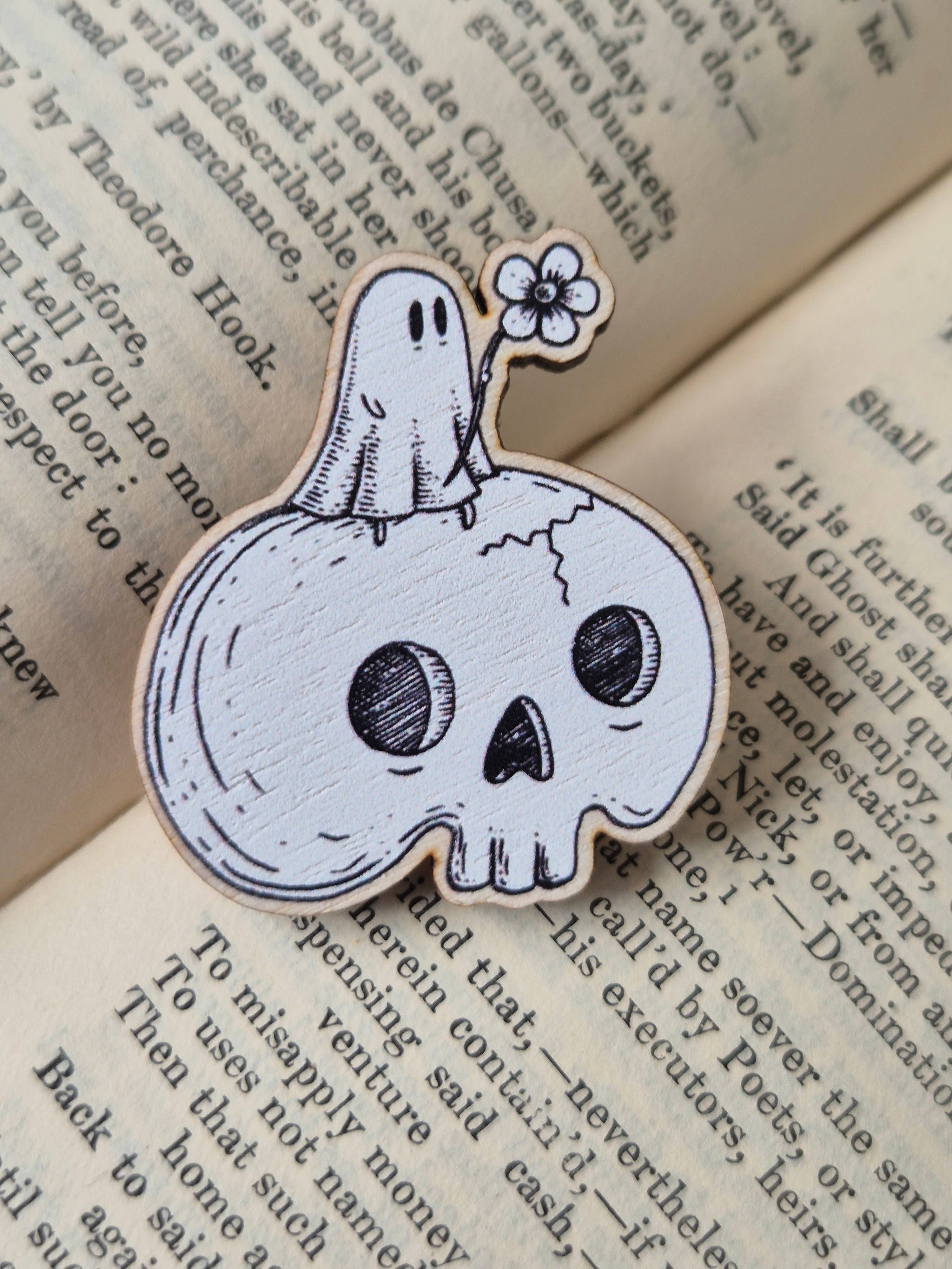 Skull Ghost Wooden Pin Badge
