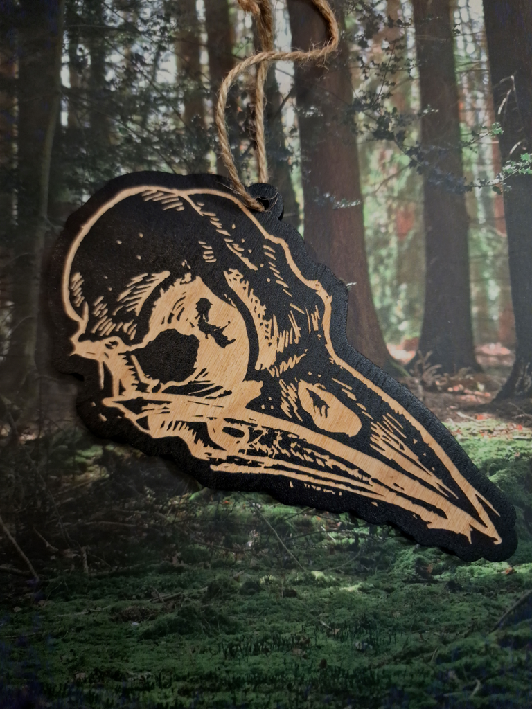 Raven Skull Woodcut Wall Hanging - Black & Bone