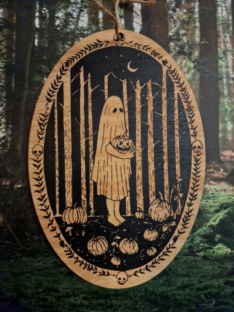 Ghost in the Woods Woodcut Wall Hanging - Black & Bone