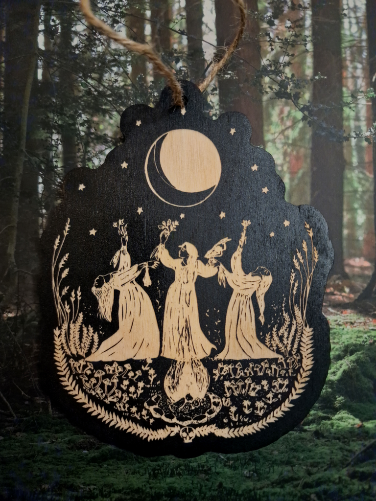 Sisterhood of Moon and Stars Woodcut Wall Hanging - Black & Bone