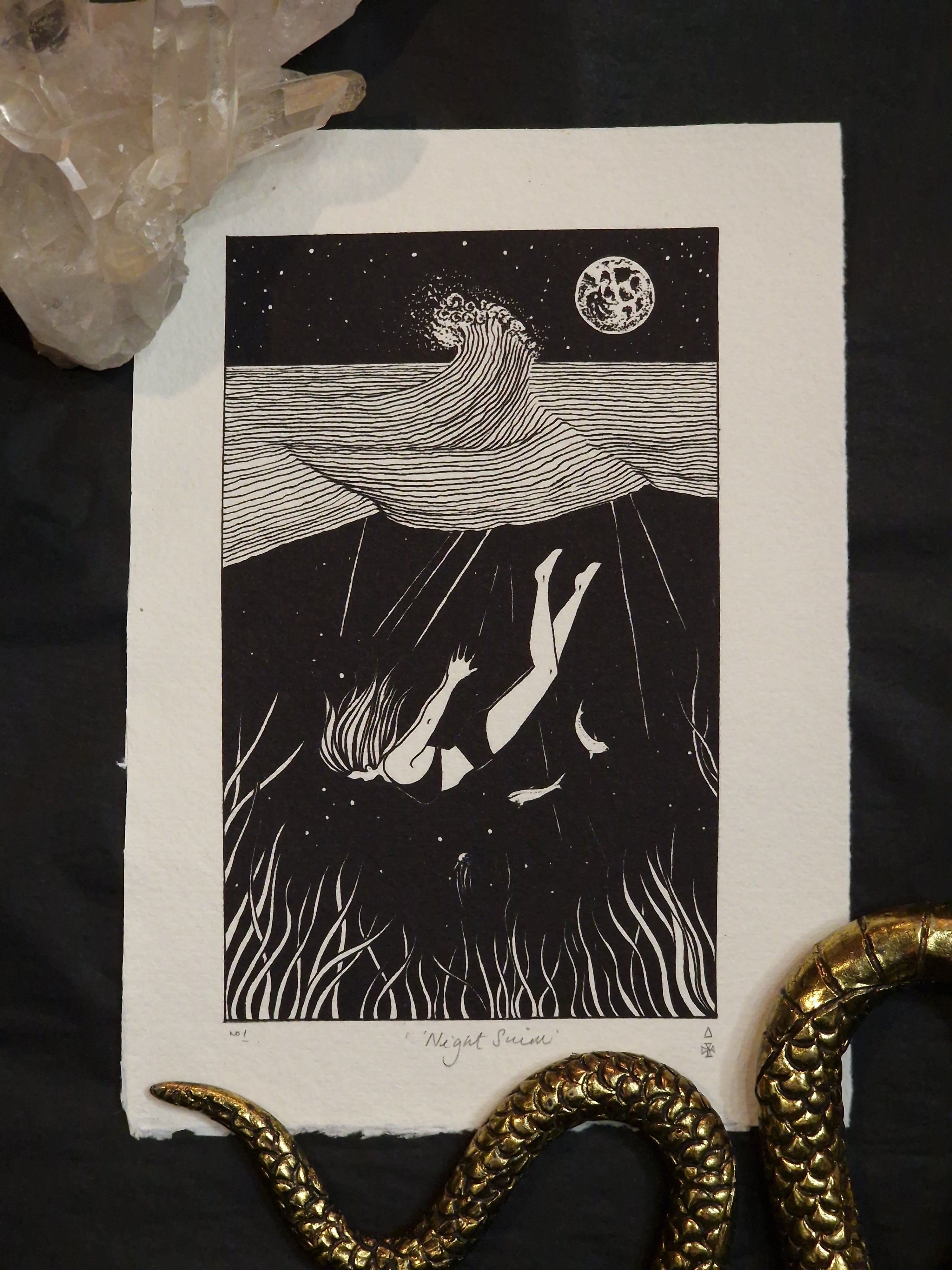 Night Swim Art Print - Black & Bone