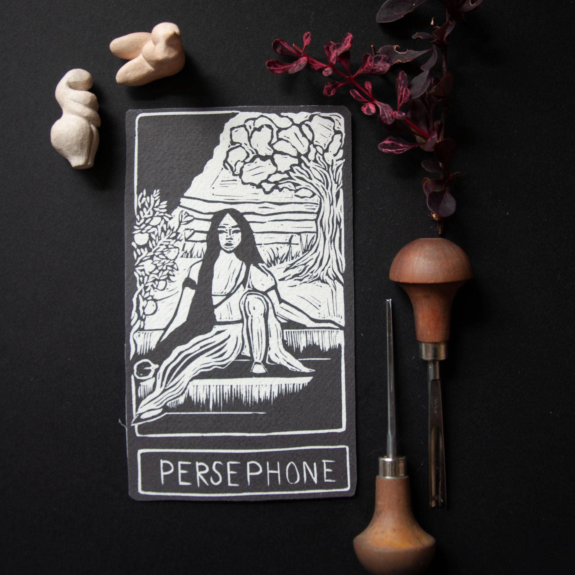 PERSEPHONE  ORACLE ALTAR CARD PRINT | Linocut design
