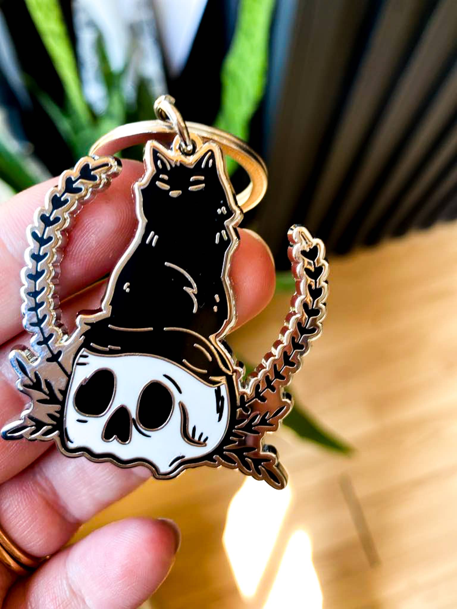 Black Cat & Skull Hard Enamel Keychain