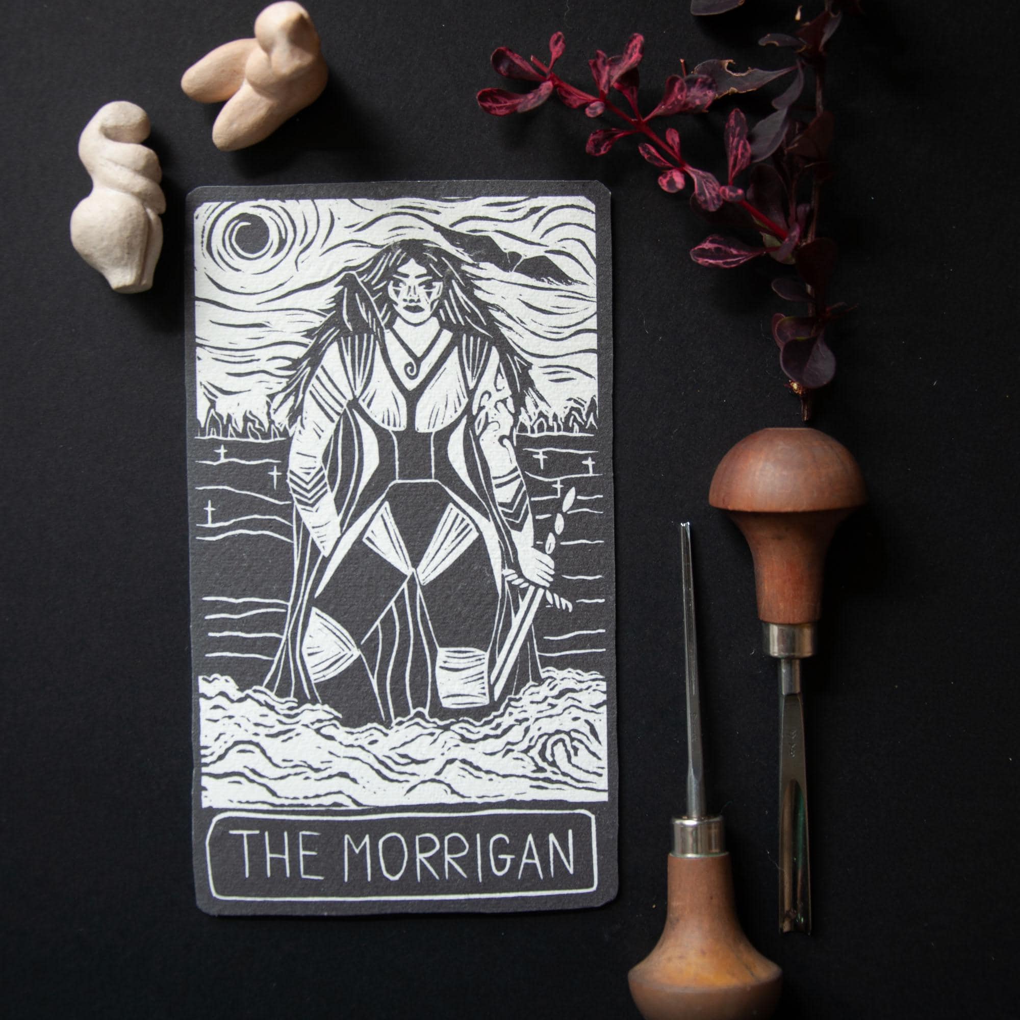 MORRIGAN  ORACLE ALTAR CARD PRINT | Linocut design