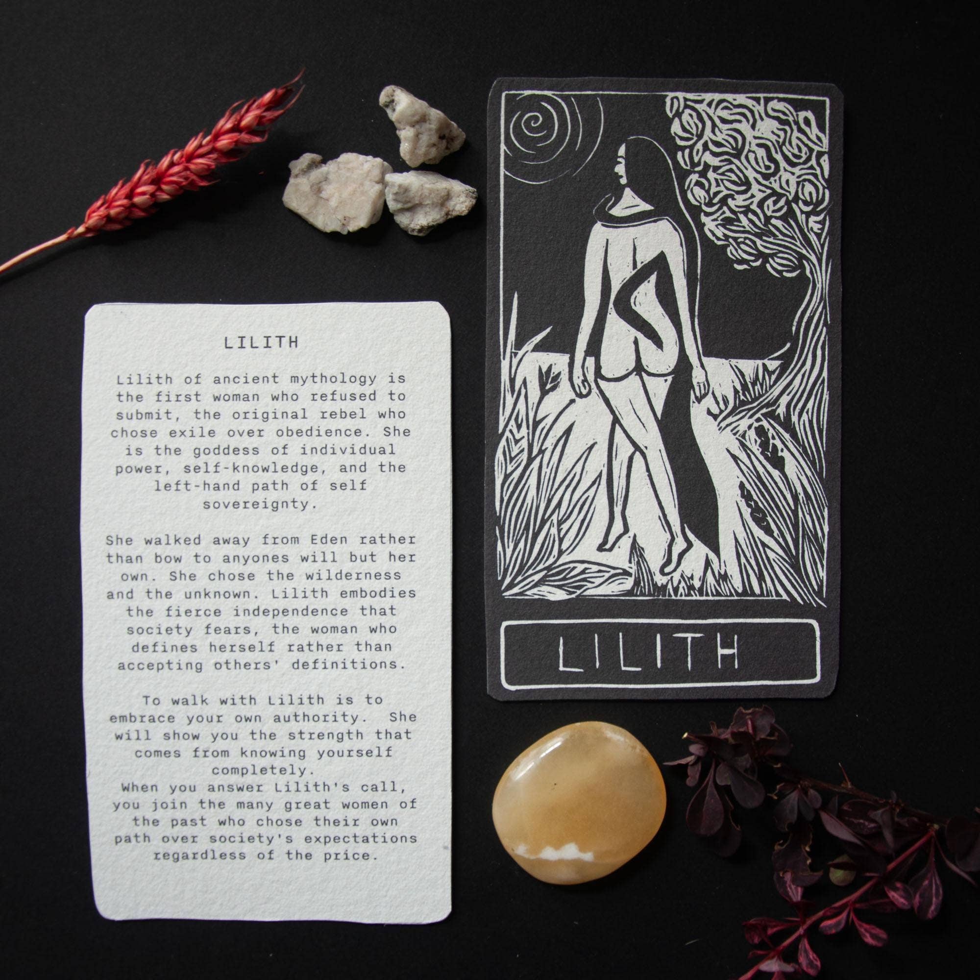 LILITH ORACLE ALTAR CARD PRINT |  Linocut design
