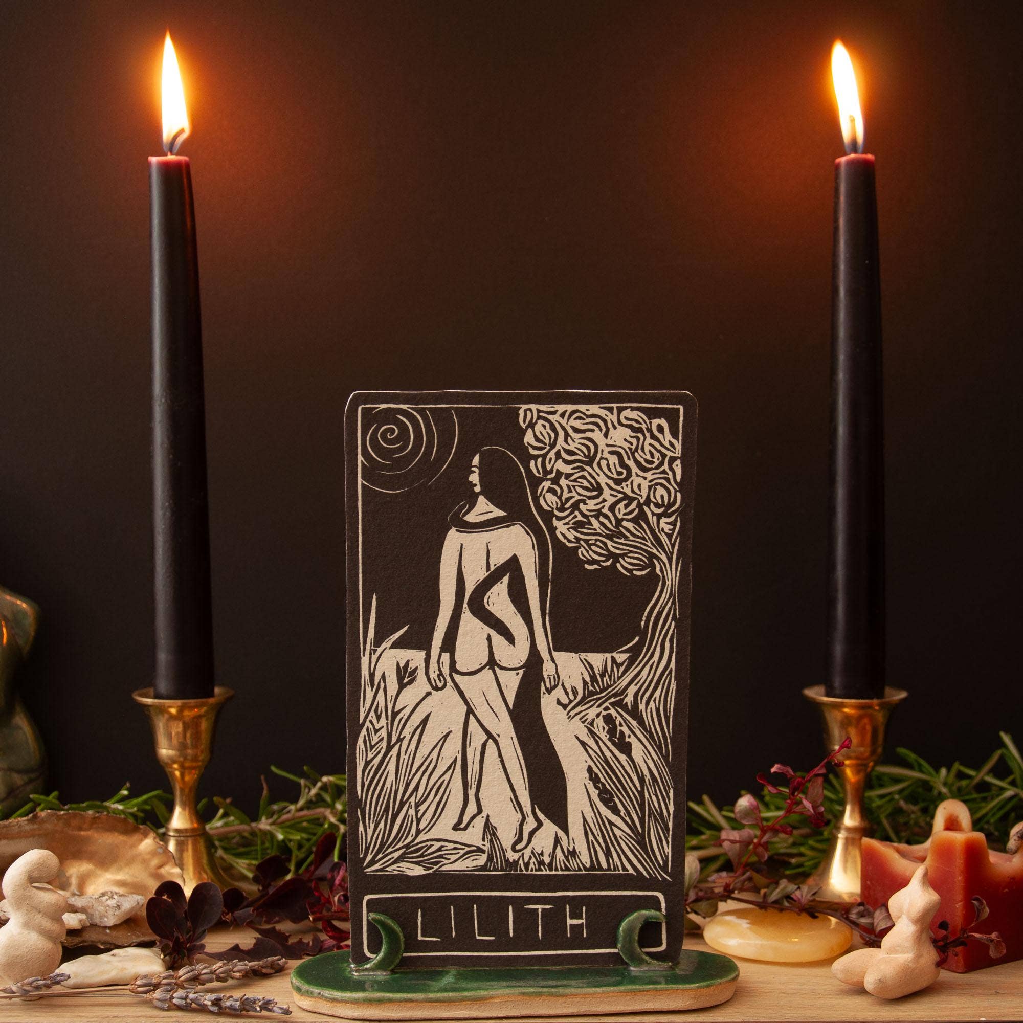 LILITH ORACLE ALTAR CARD PRINT |  Linocut design