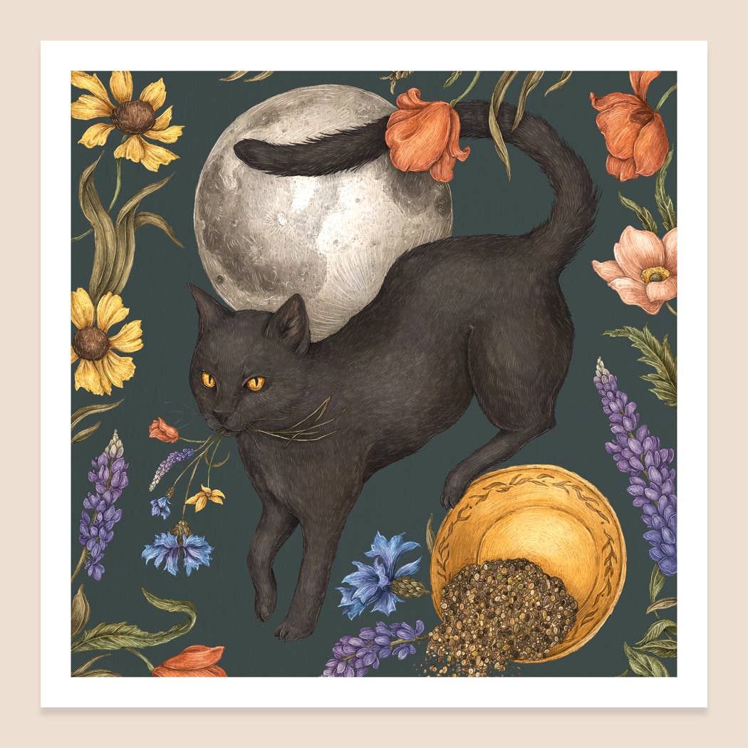 Black Cat and Full Moon Print 10" x 10" - Jessica Roux