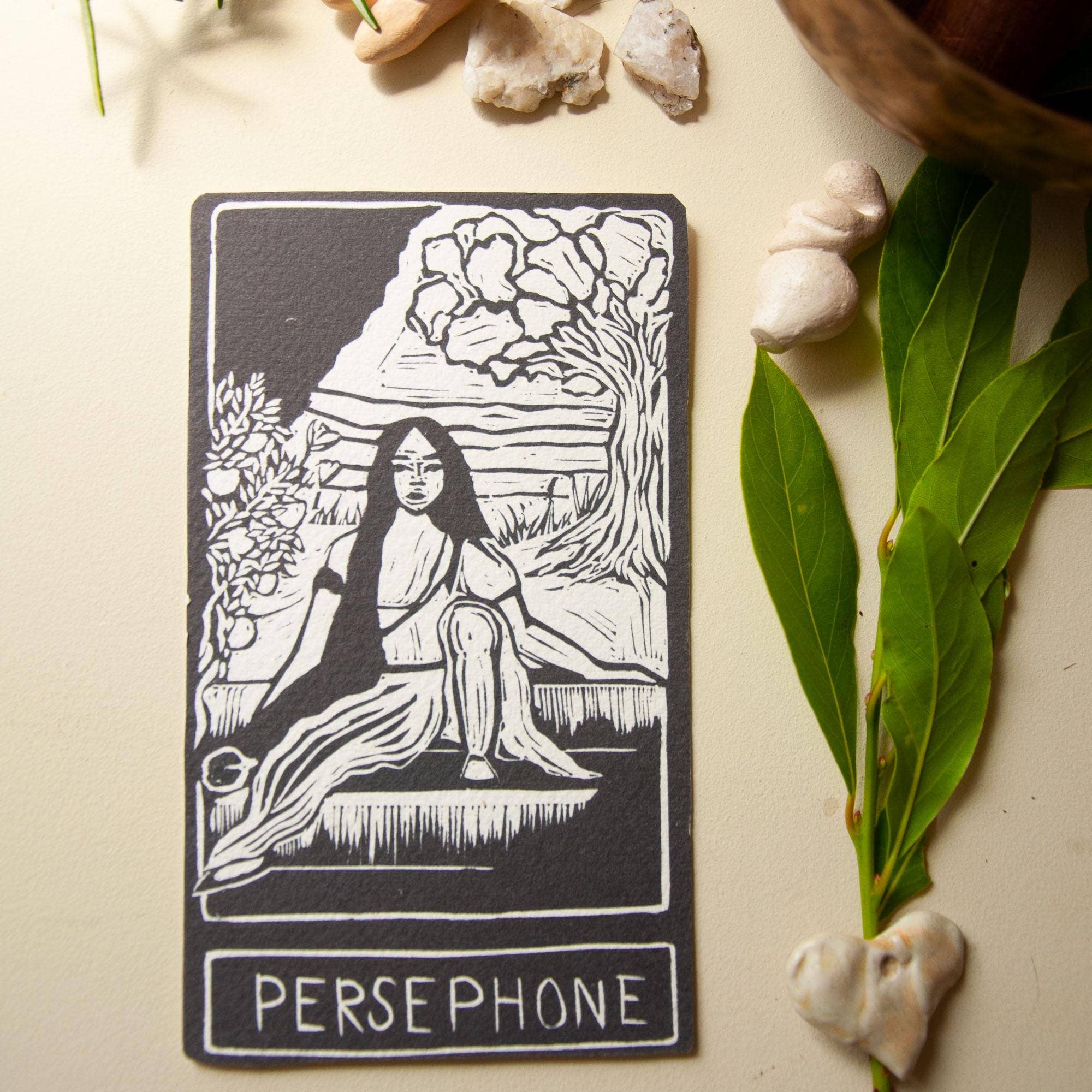 PERSEPHONE  ORACLE ALTAR CARD PRINT | Linocut design