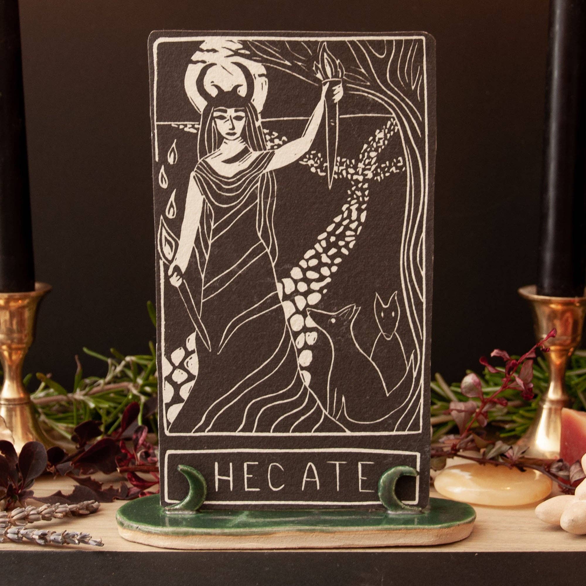 HECATE ORACLE ALTAR CARD PRINT | Linocut design.