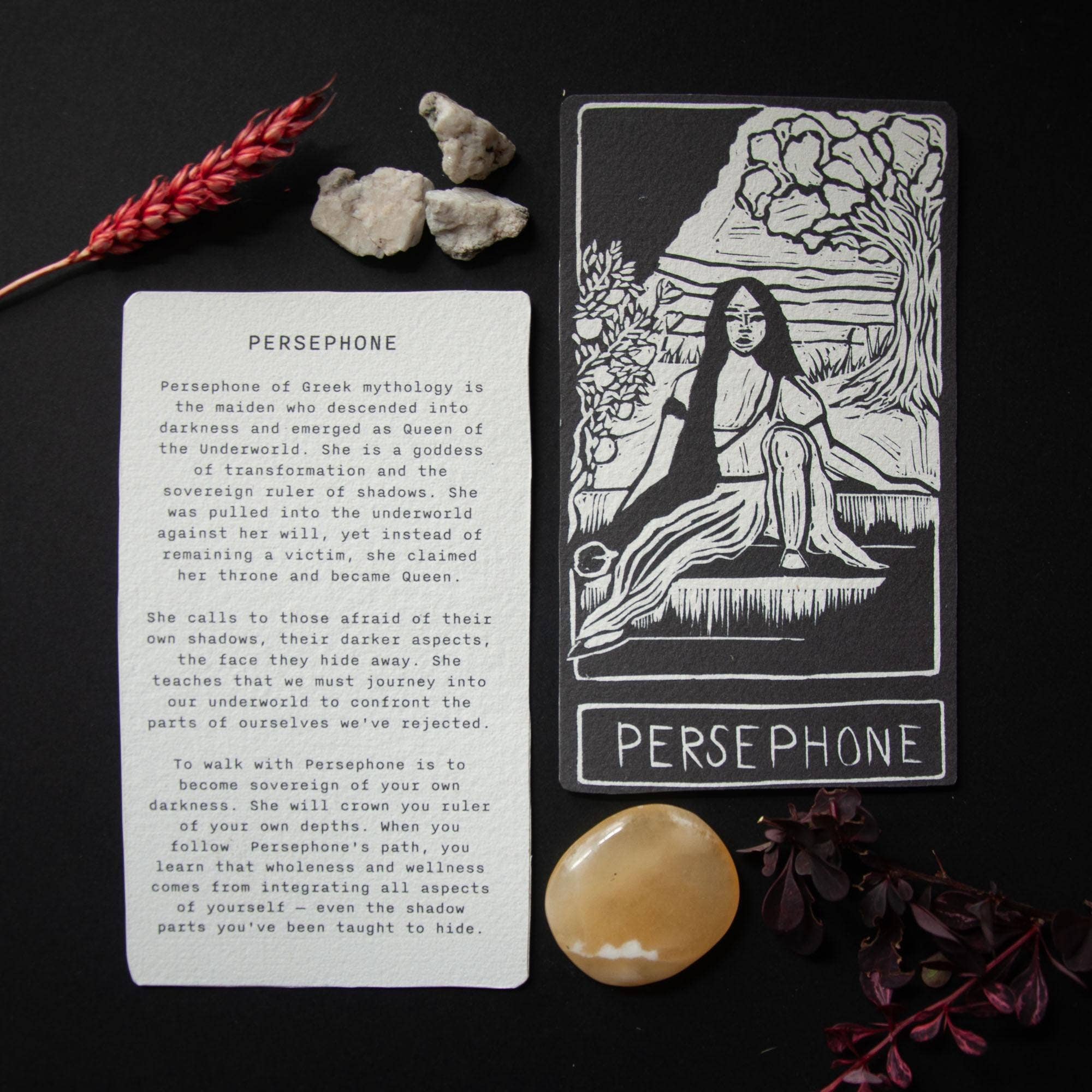 PERSEPHONE  ORACLE ALTAR CARD PRINT | Linocut design