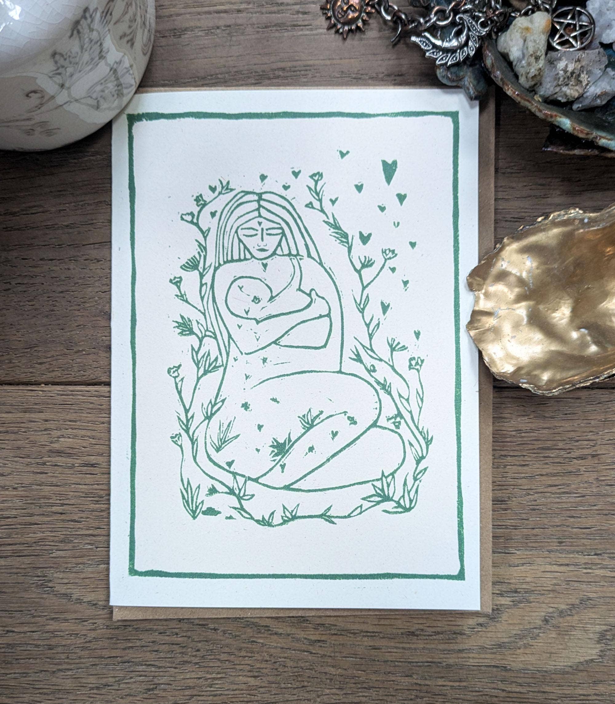 Mother And Baby Linocut Greeting Card