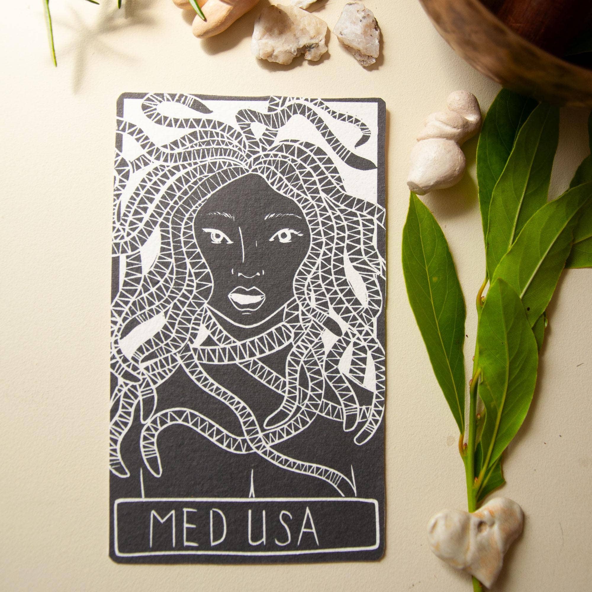 MEDUSA ORACLE ALTAR CARD PRINT |  Linocut design