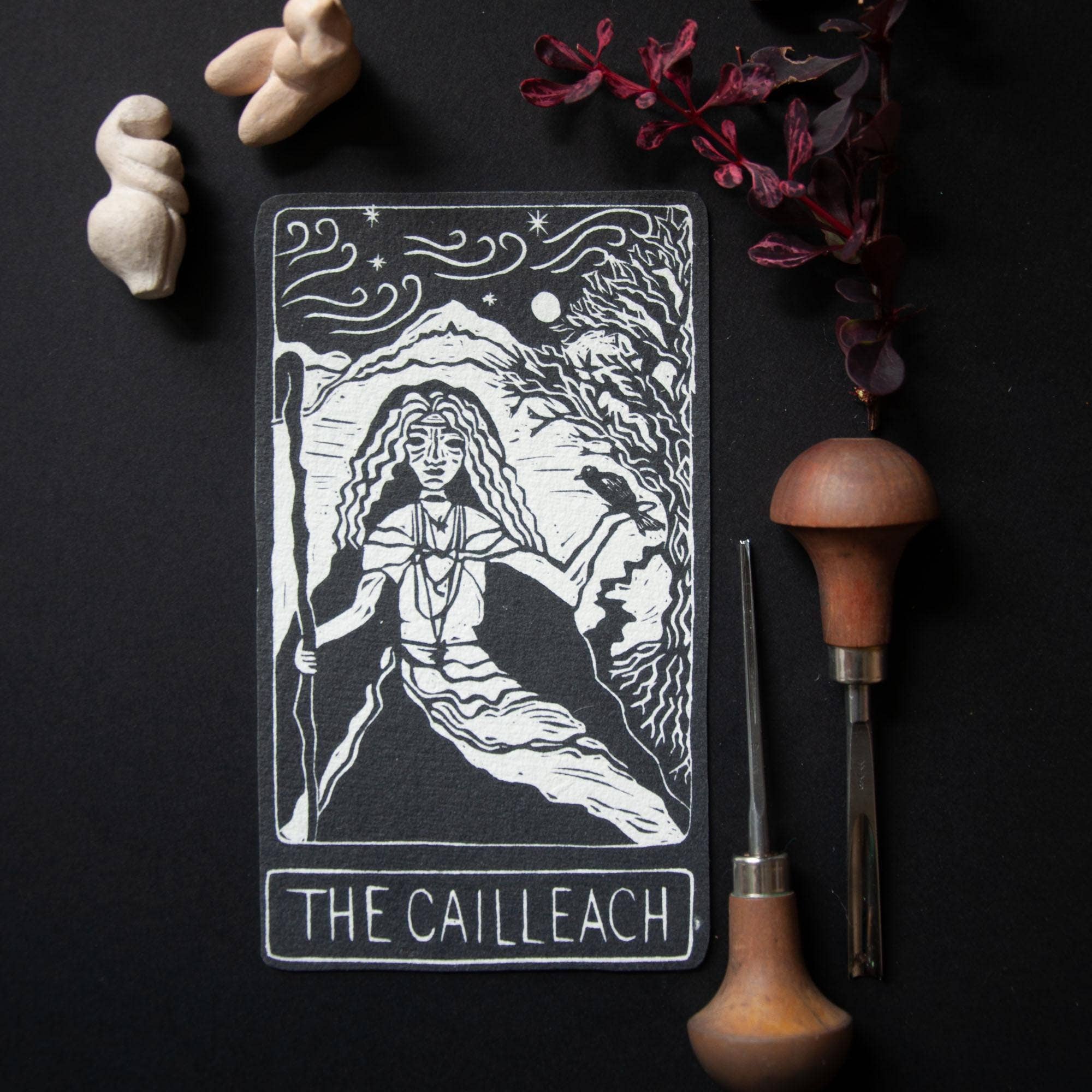 THE CAILLEACH ORACLE ALTAR CARD PRINT |  Linocut design