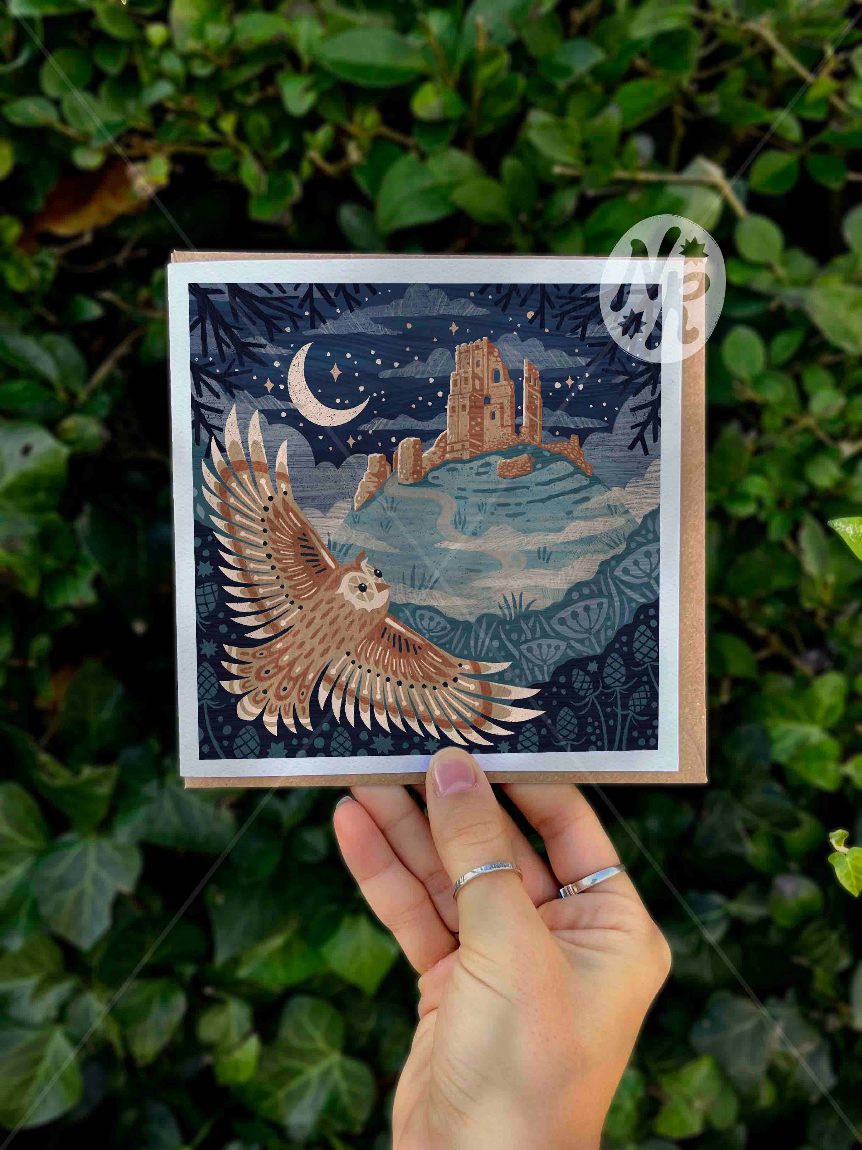 Twilight at Corfe Castle - Owl Greetings Card