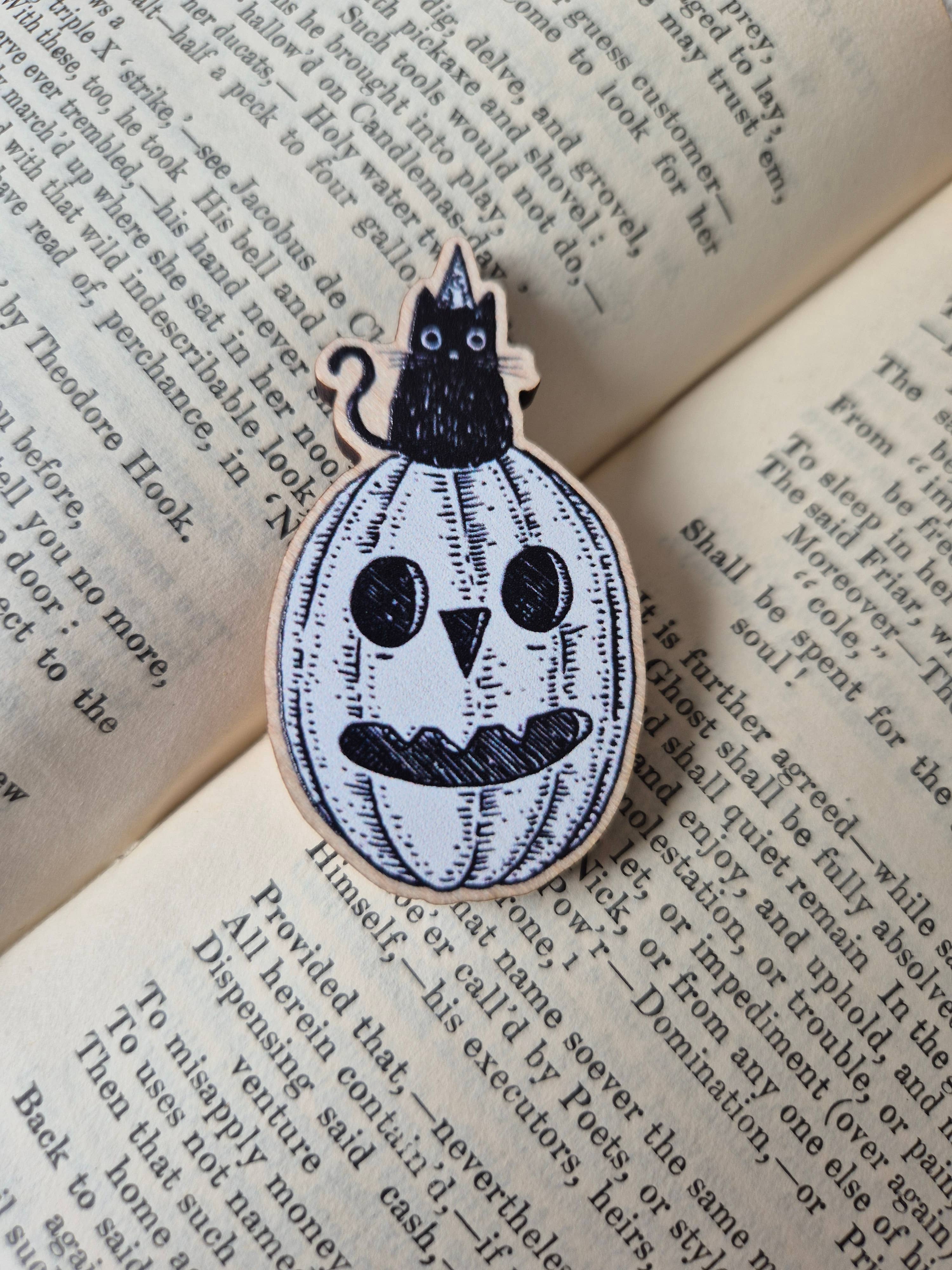 Cat on a Pumpkin Wooden Pin Badge