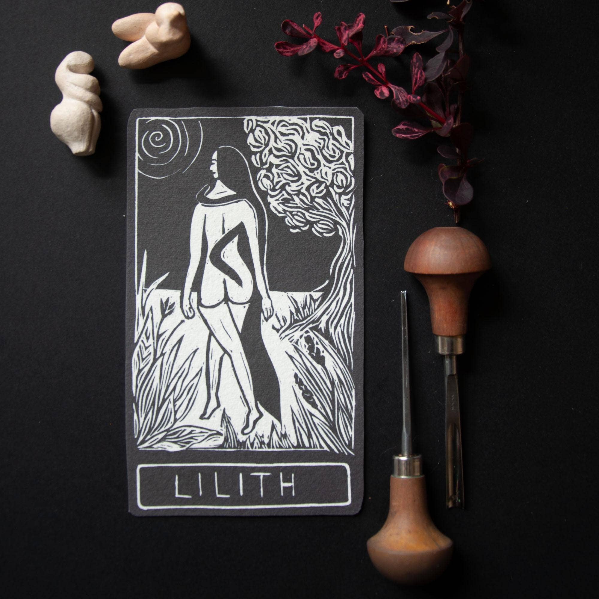LILITH ORACLE ALTAR CARD PRINT |  Linocut design