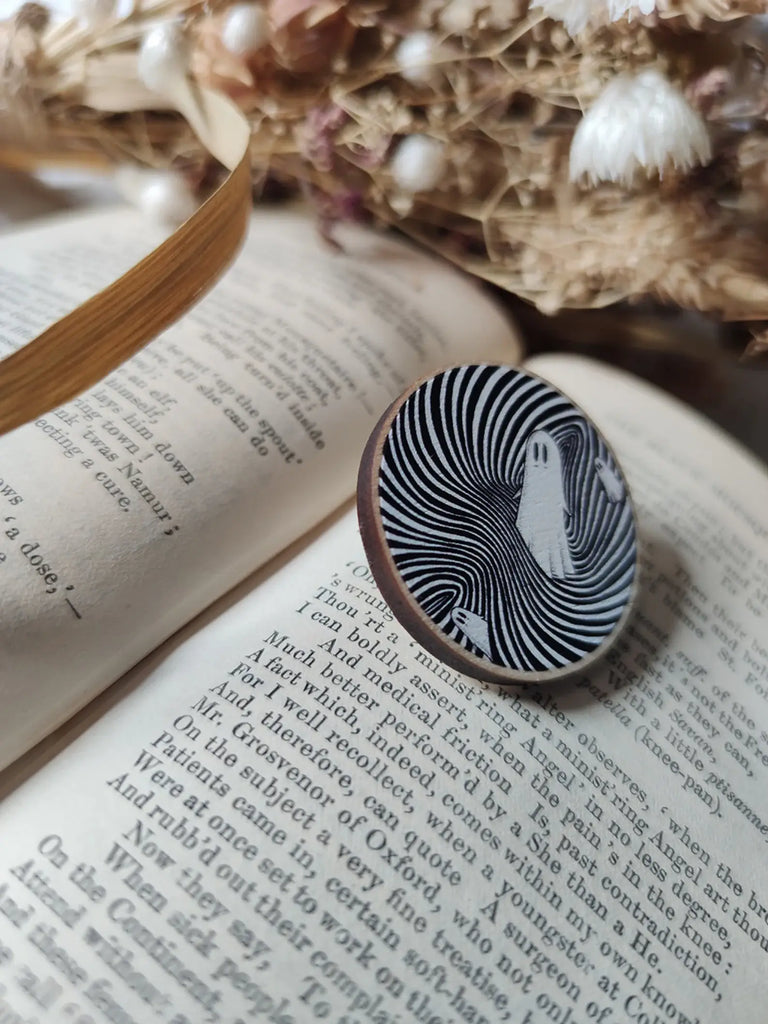 Op Art Ghosties Wooden Pin Badge - Jon Turner