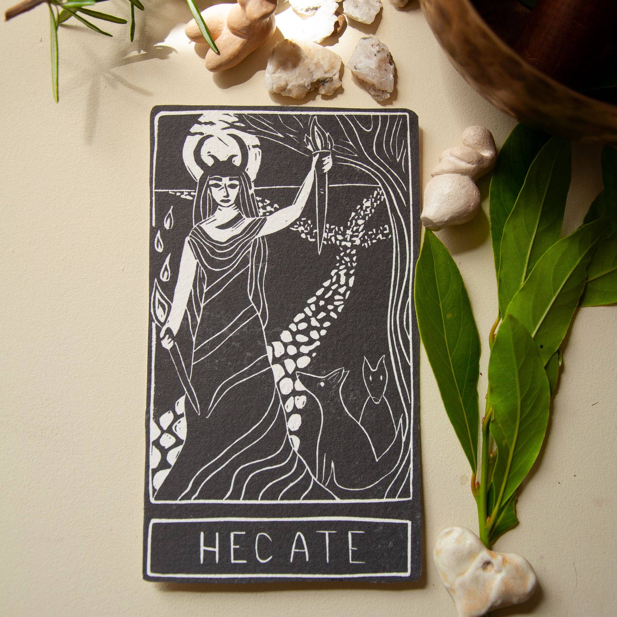 HECATE ORACLE ALTAR CARD PRINT | Linocut design.