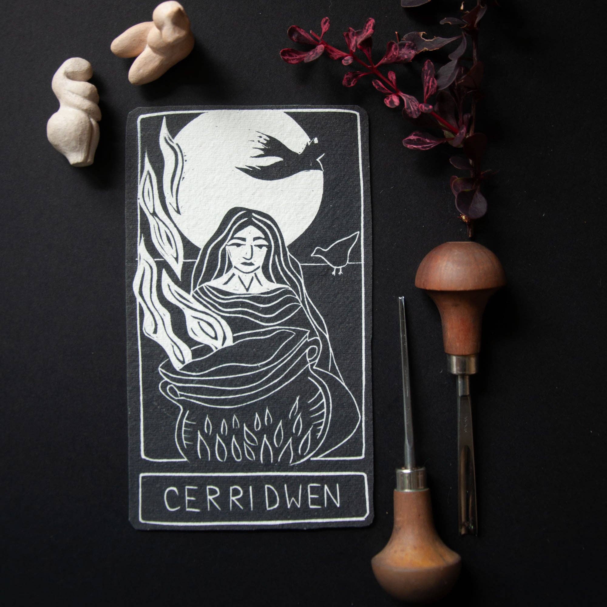 CERRIDWEN ORACLE ALTAR CARD PRINT | Handmade linocut design