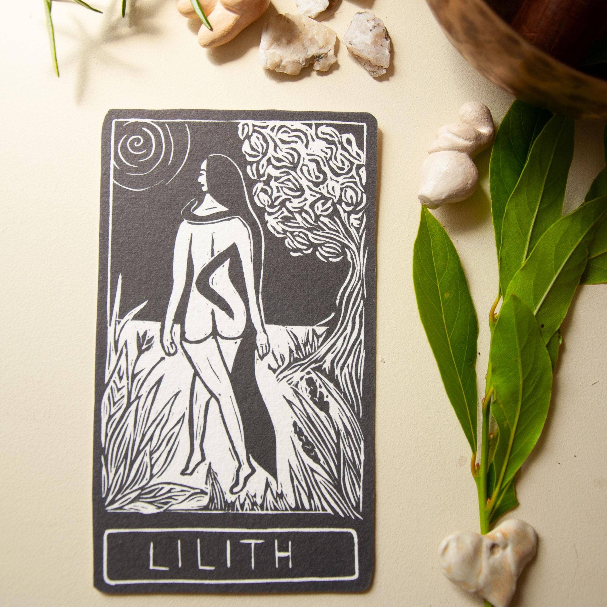 LILITH ORACLE ALTAR CARD PRINT |  Linocut design