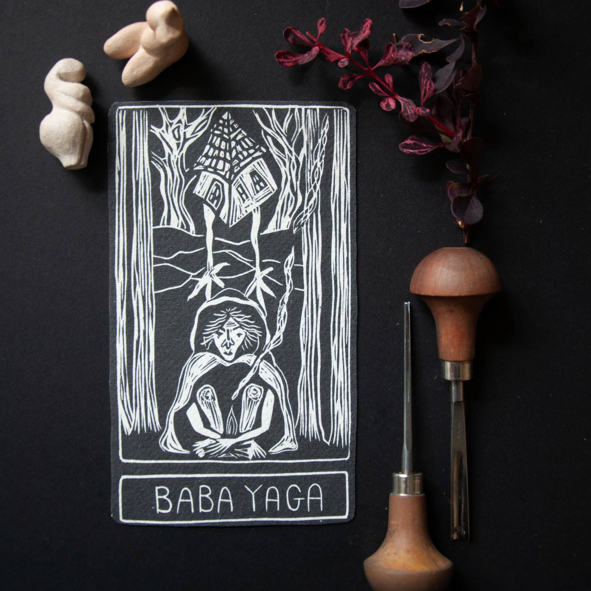 BABA YAGA ORACLE ALTAR CARD  PRINT | Original linocut design