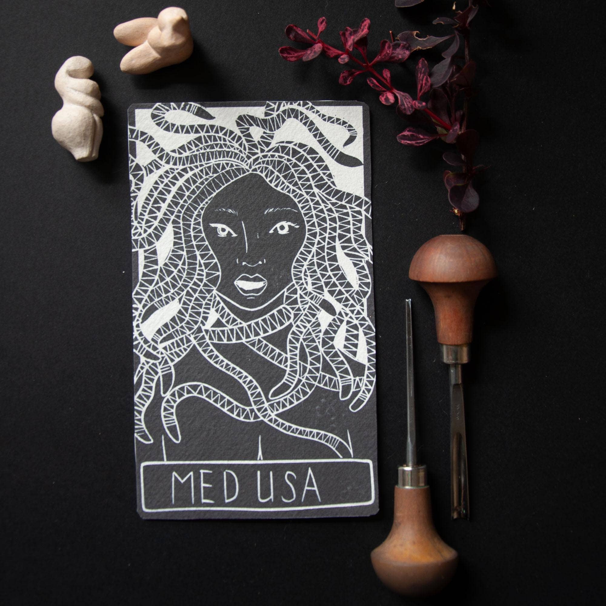 MEDUSA ORACLE ALTAR CARD PRINT |  Linocut design