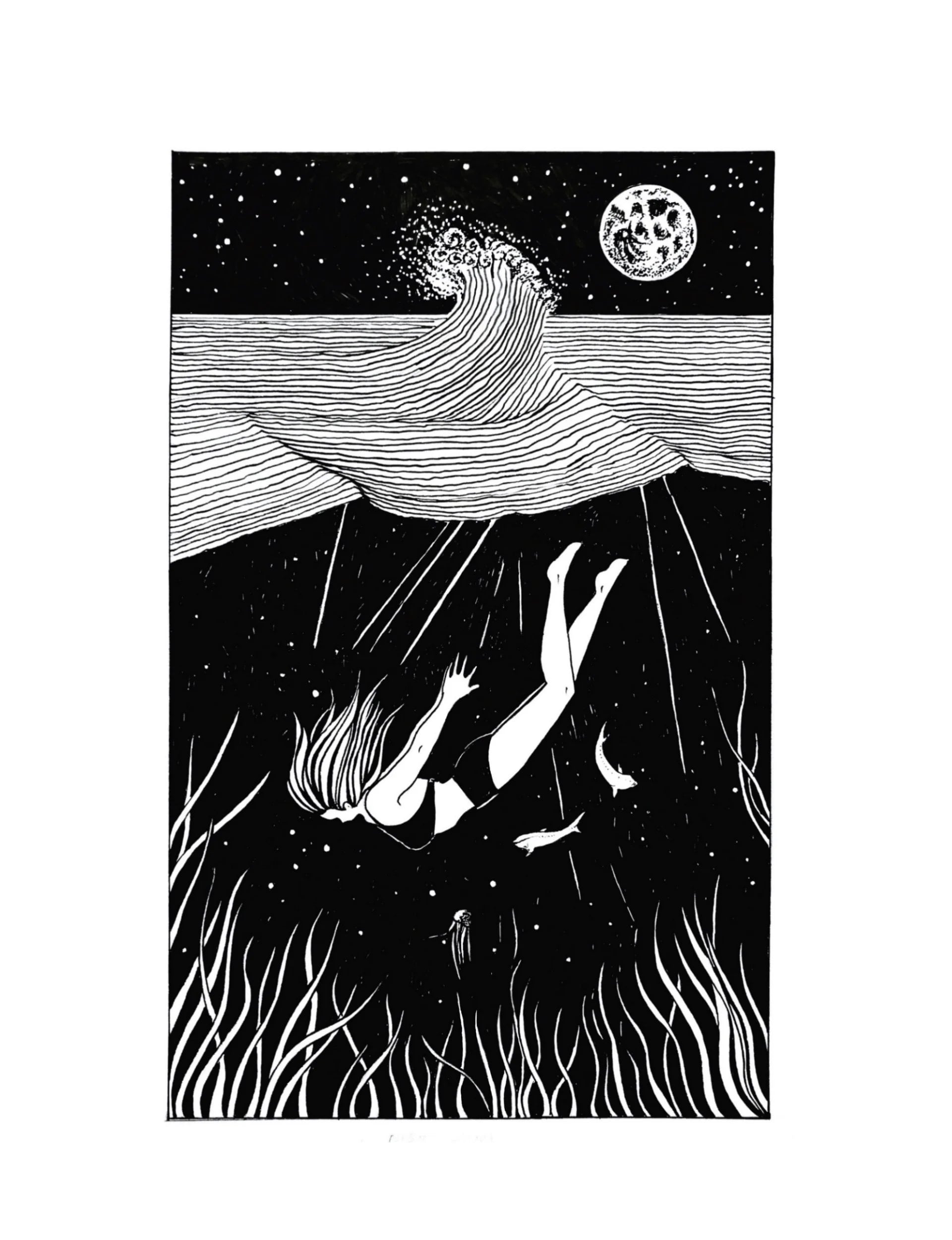 Night Swim Art Print - Black & Bone