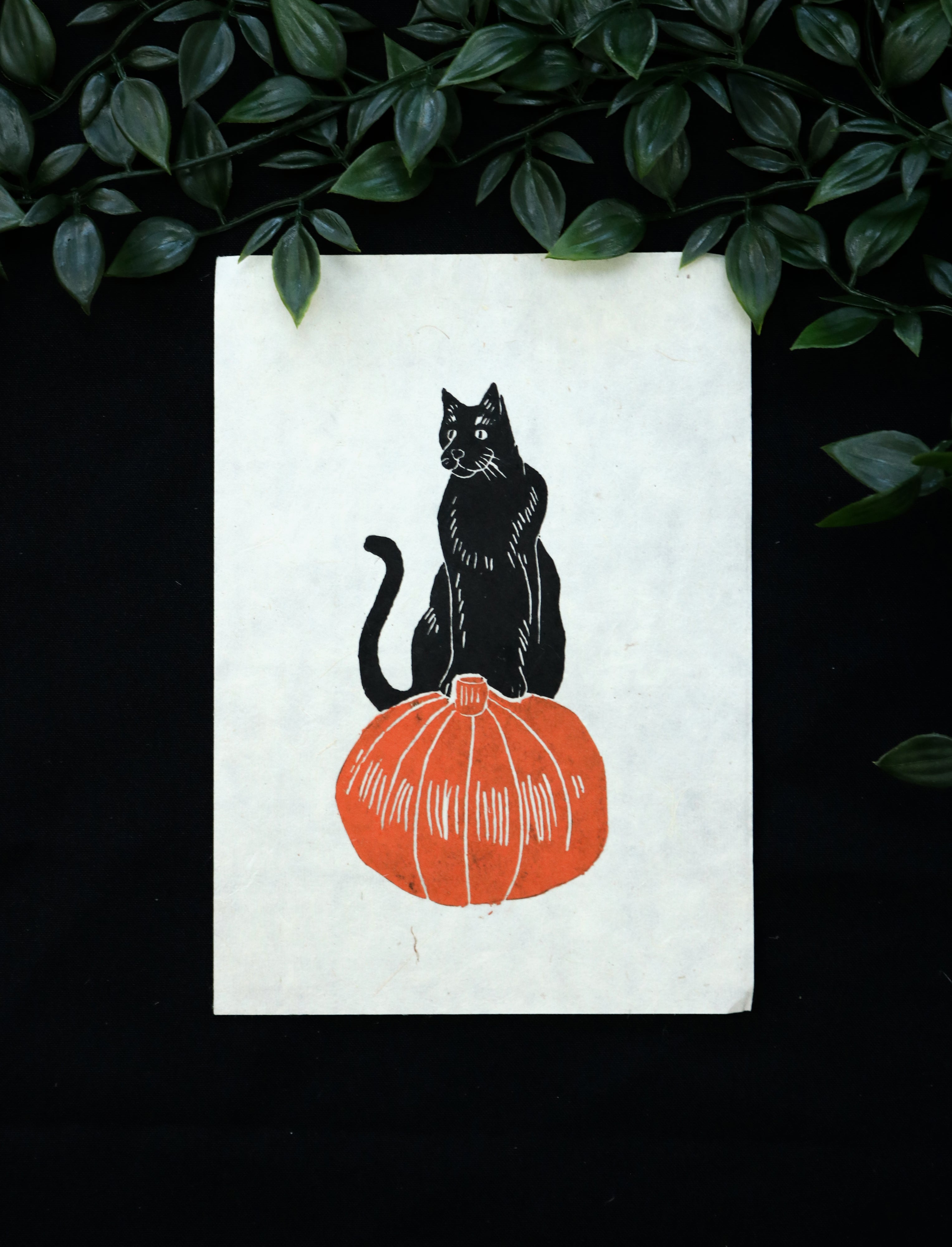 Lino Folk By Fiona - Cat On A Pumpkin Lino Print