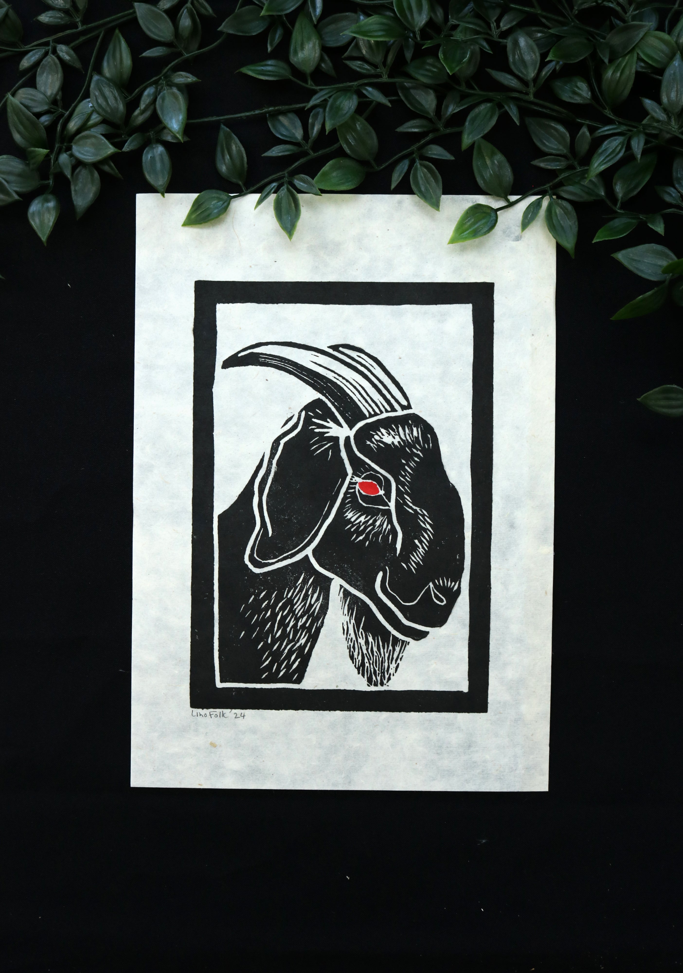Lino Folk By Fiona - Black Phillip Goat Lino Print