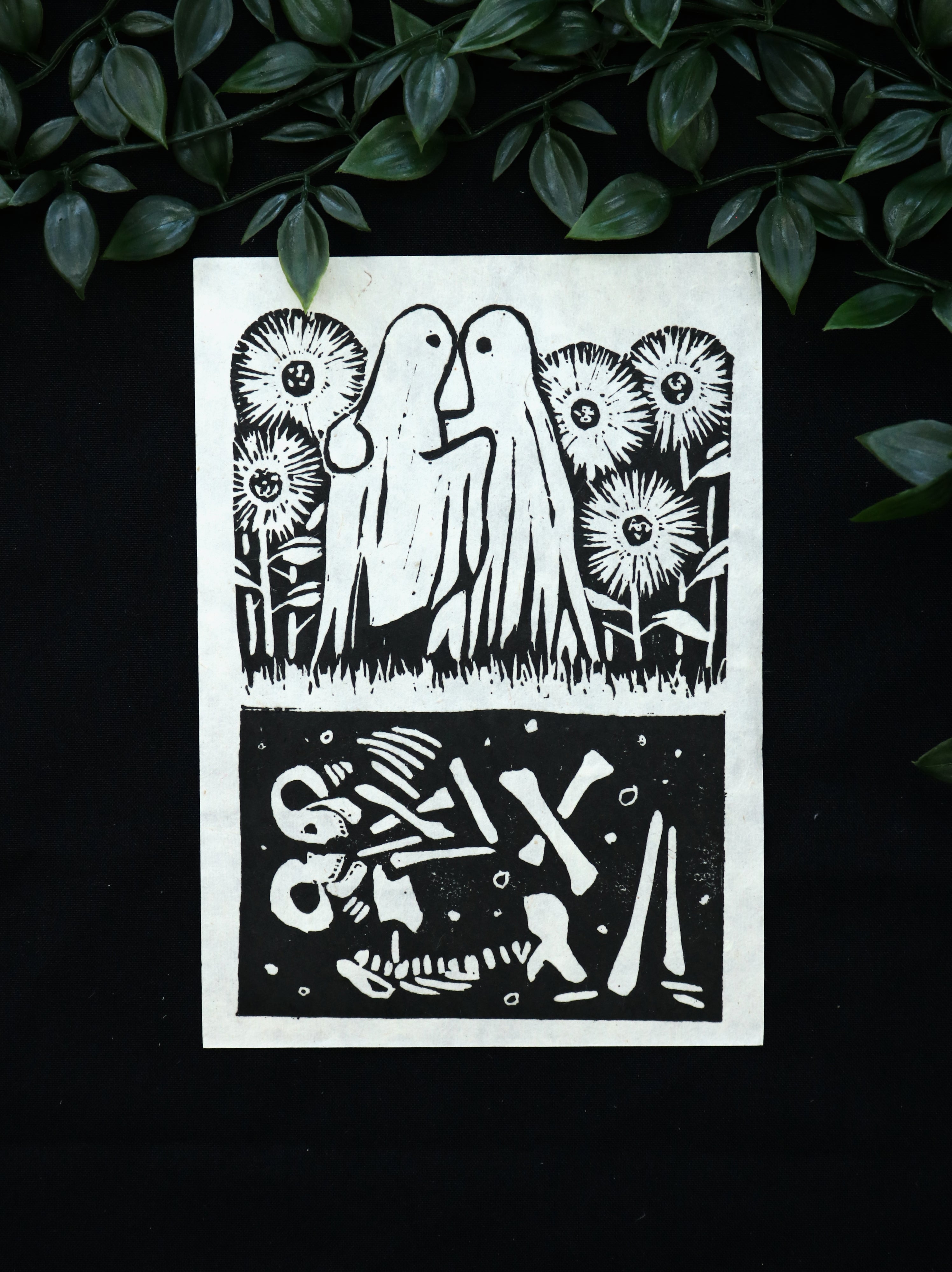 Lino Folk By Fiona - Not The End Ghost Bones Lino Print