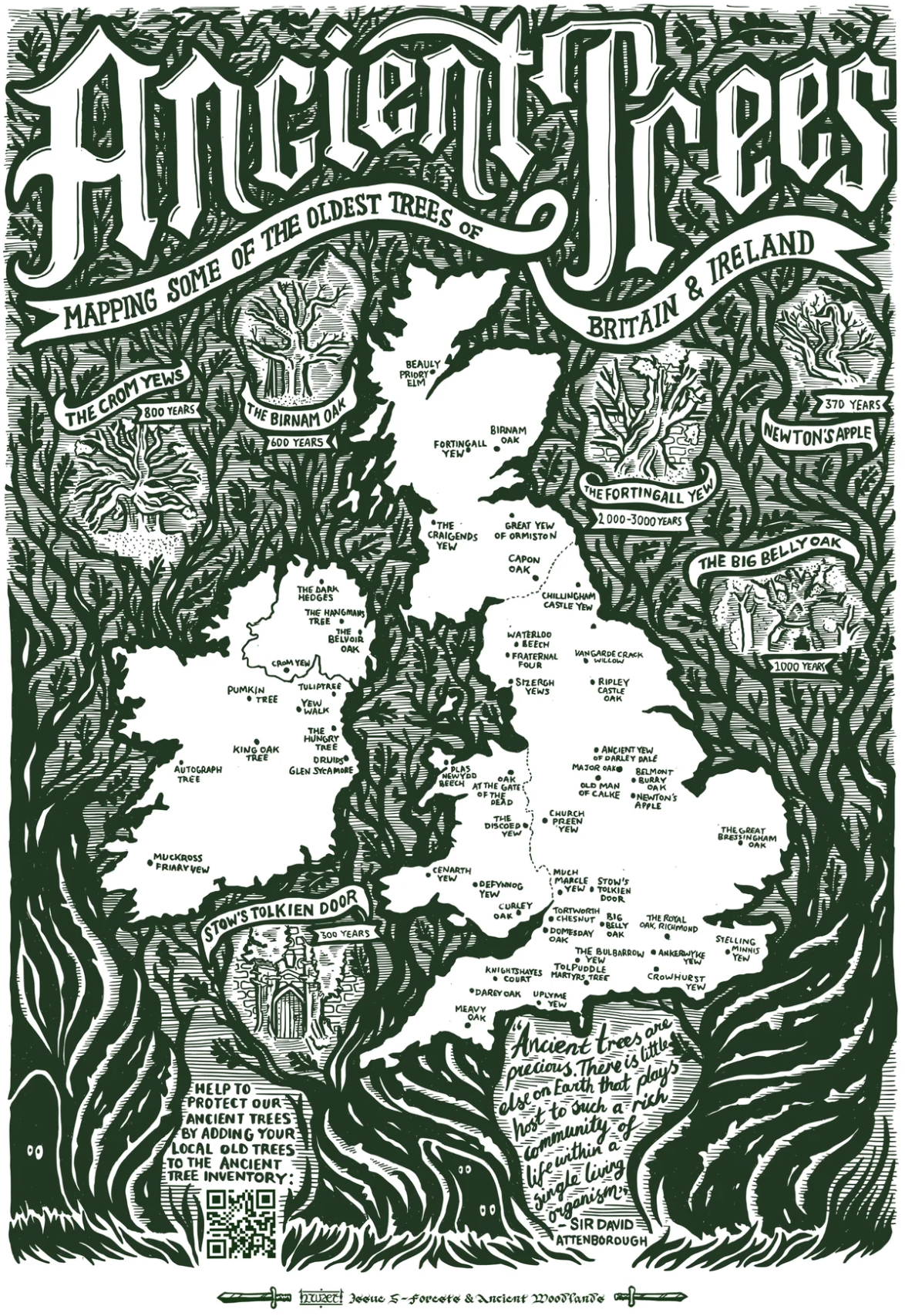 Hwaet! - Ancient Trees Of Britain & Ireland Map A3 Art Print