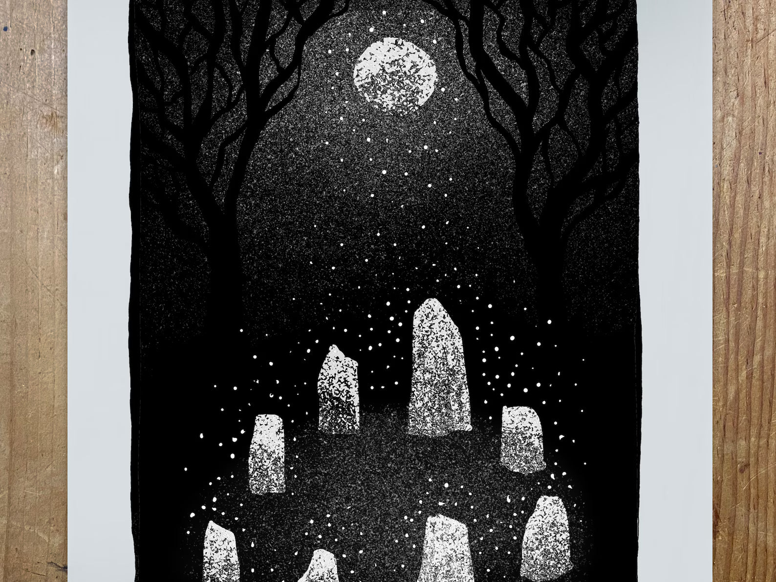 Standing Stones Under Moonlight A4 Print