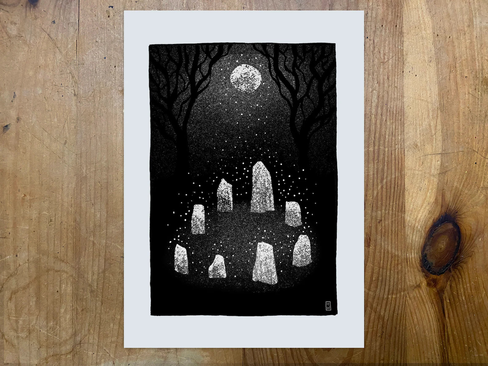 Standing Stones Under Moonlight A4 Print
