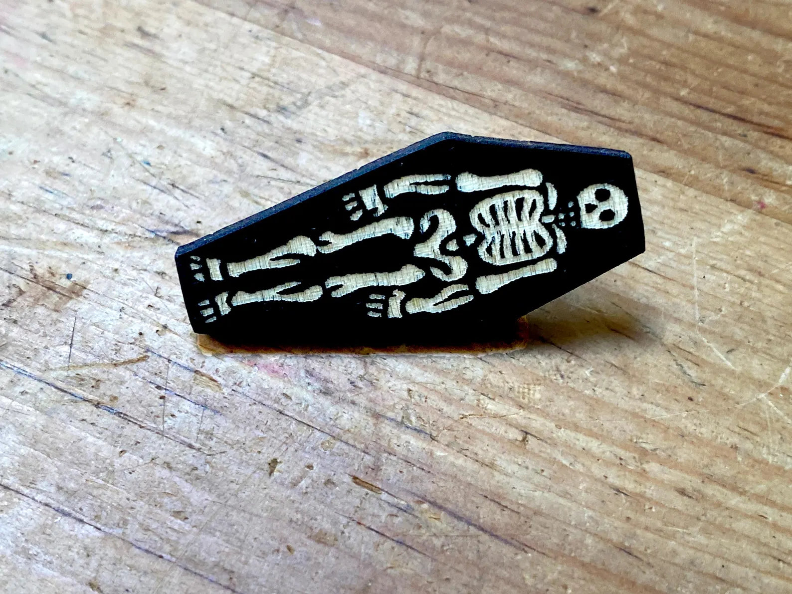 Skeleton In Coffin Wooden Pin