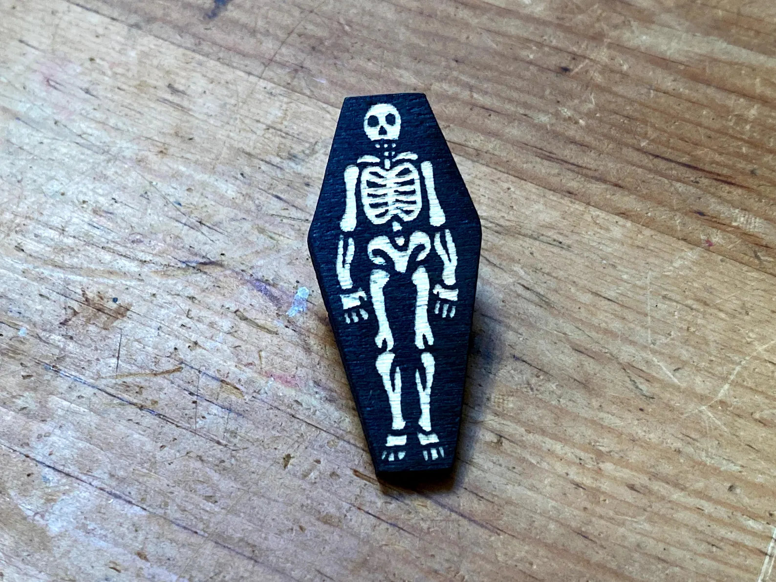 Skeleton In Coffin Wooden Pin