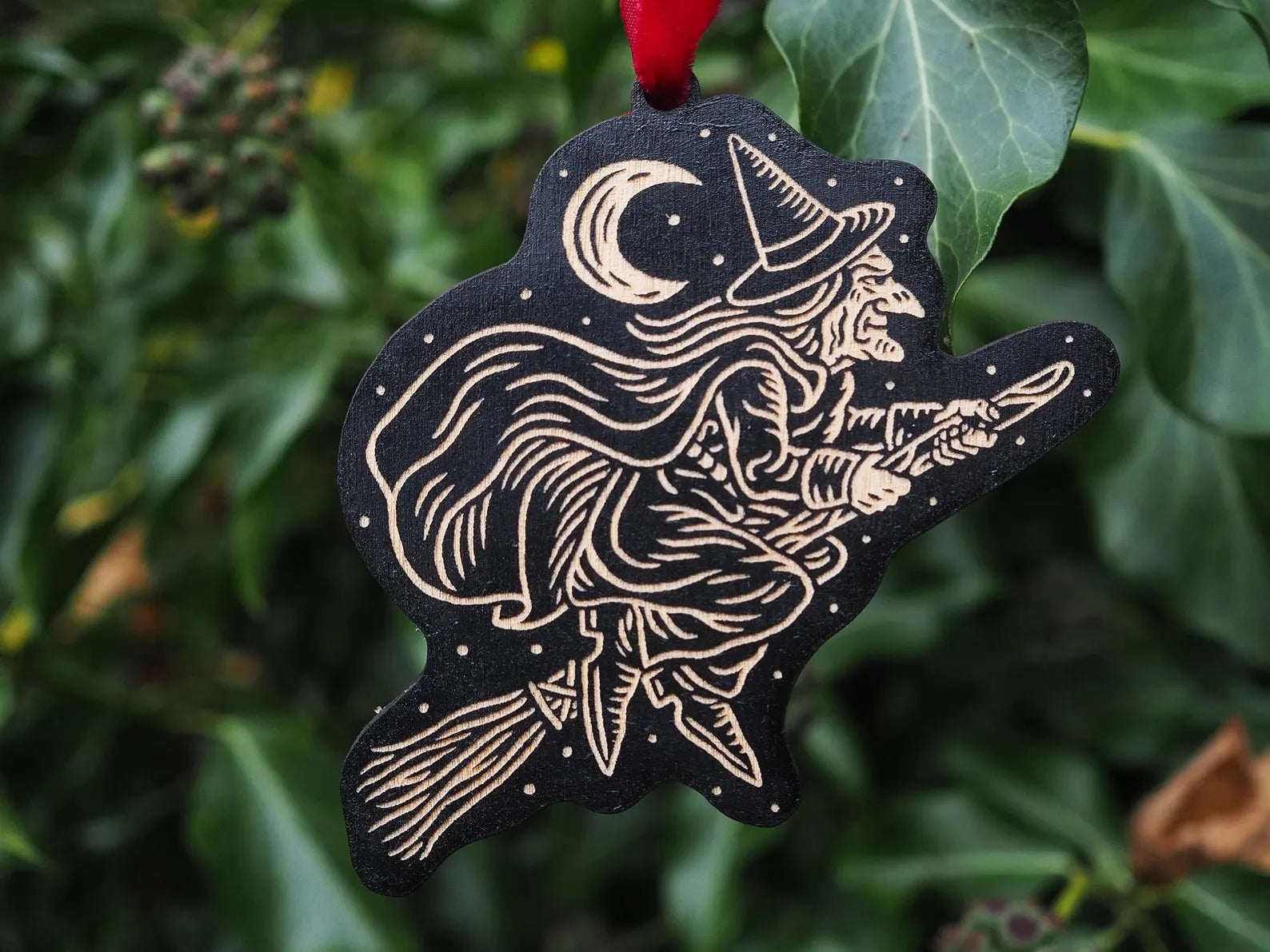Witch On Her Broomstick Wooden Decoration