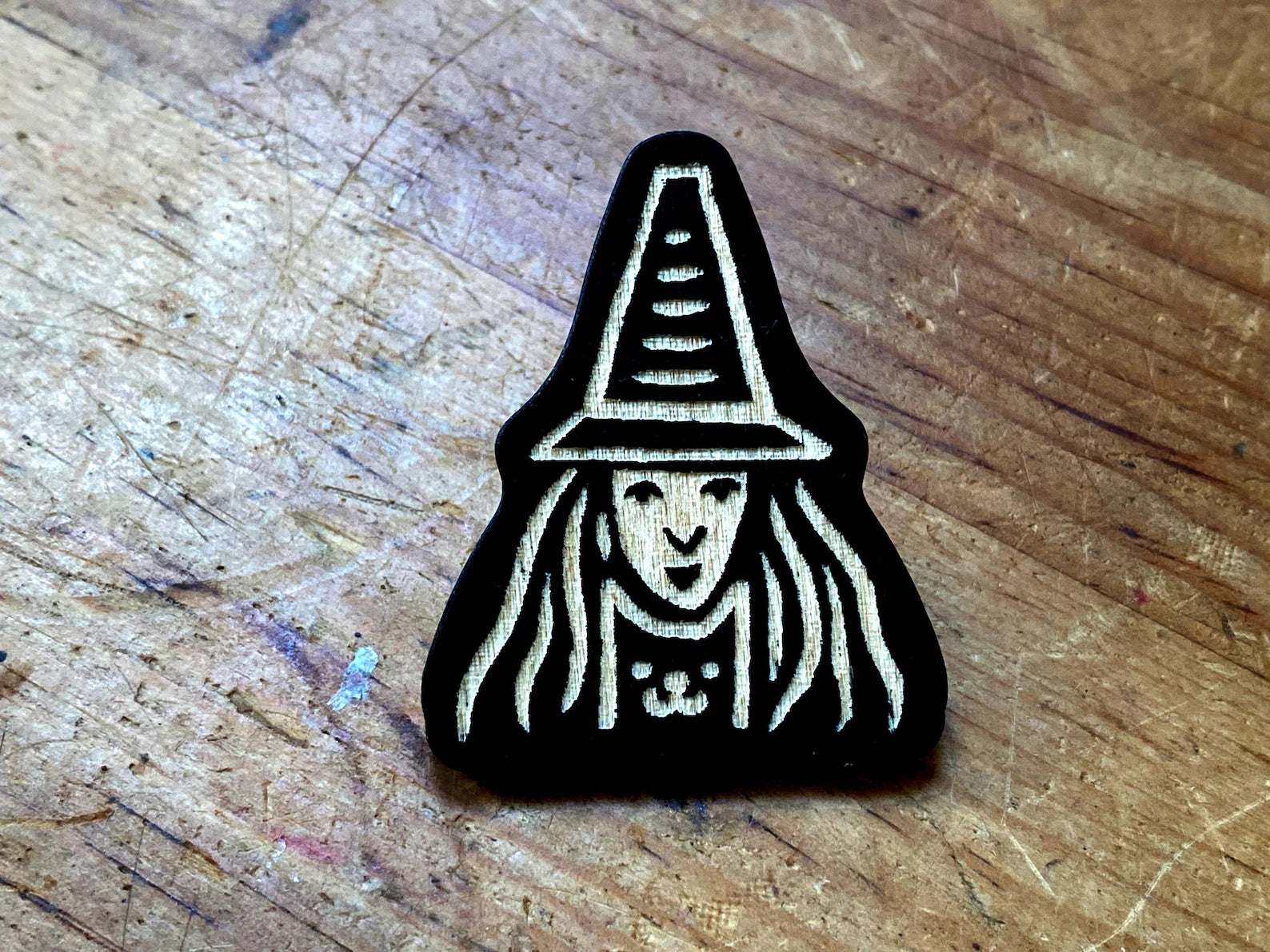 Witch And Black Cat Wooden Pin