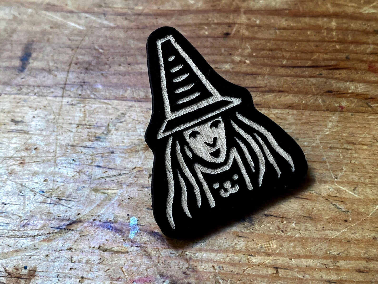 Witch And Black Cat Wooden Pin