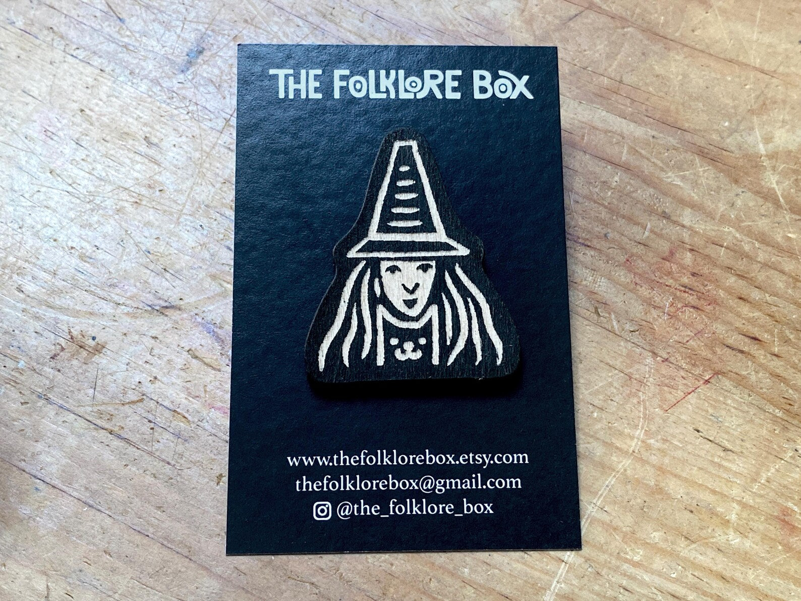 Witch And Black Cat Wooden Pin