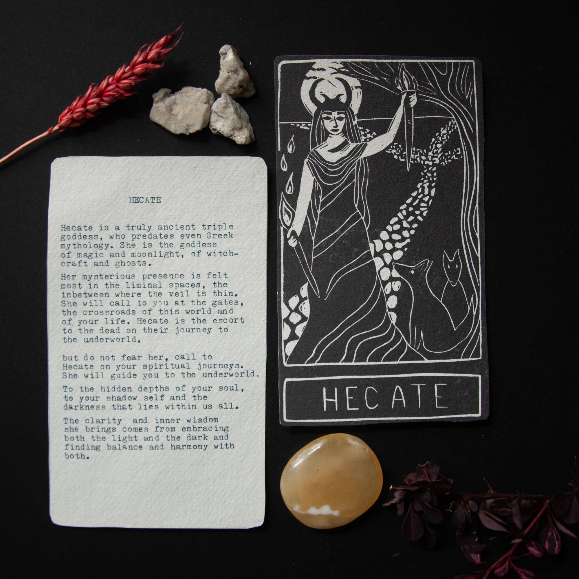 HECATE ORACLE ALTAR CARD PRINT | Linocut design.