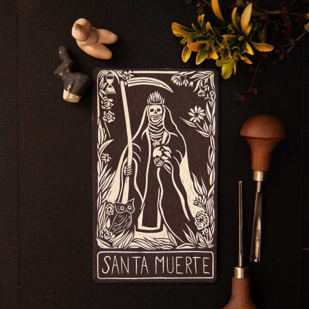 SANTA MUERTE ORACLE ALTAR CARD PRINT | linocut design