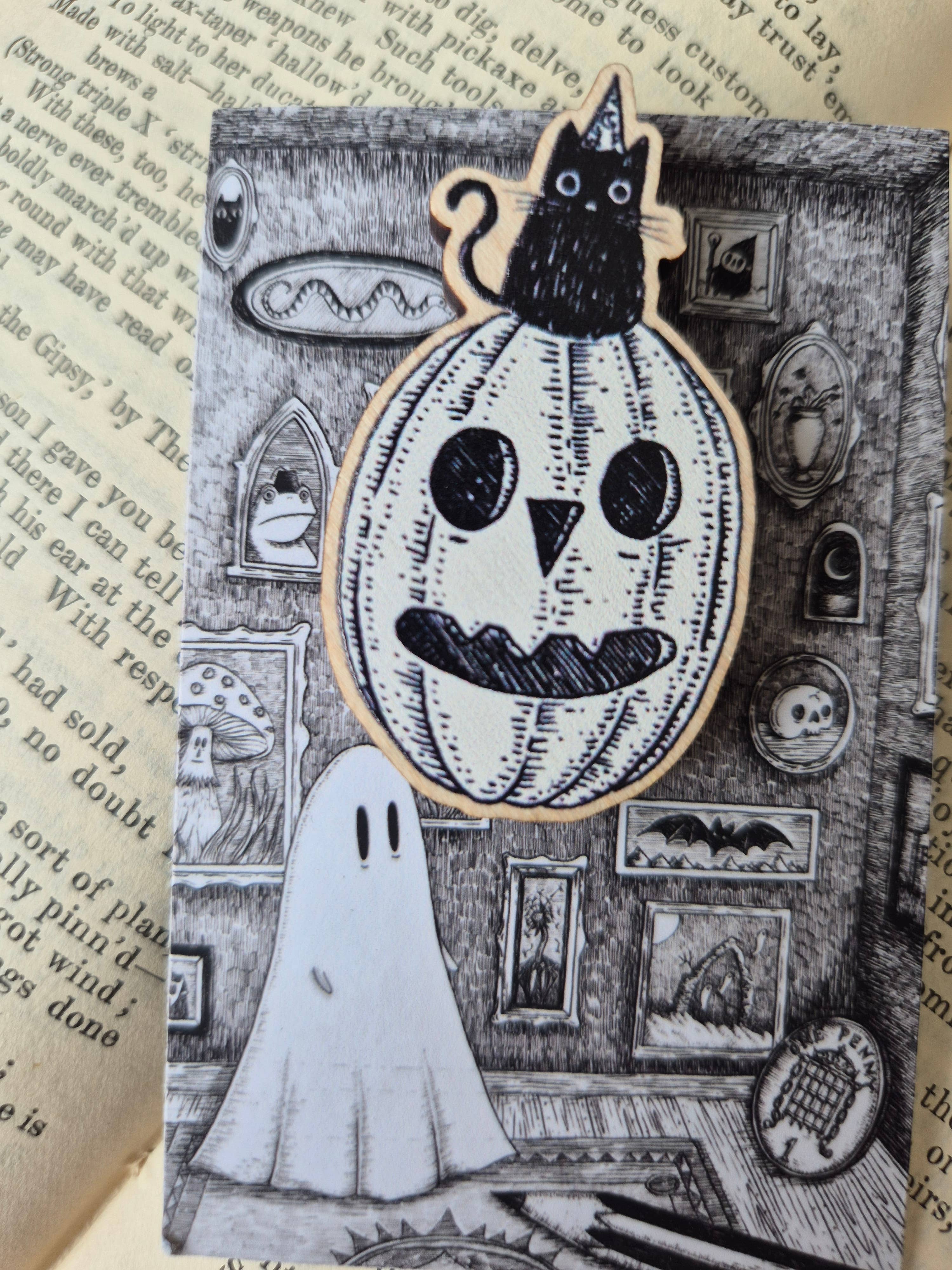 Cat on a Pumpkin Wooden Pin Badge