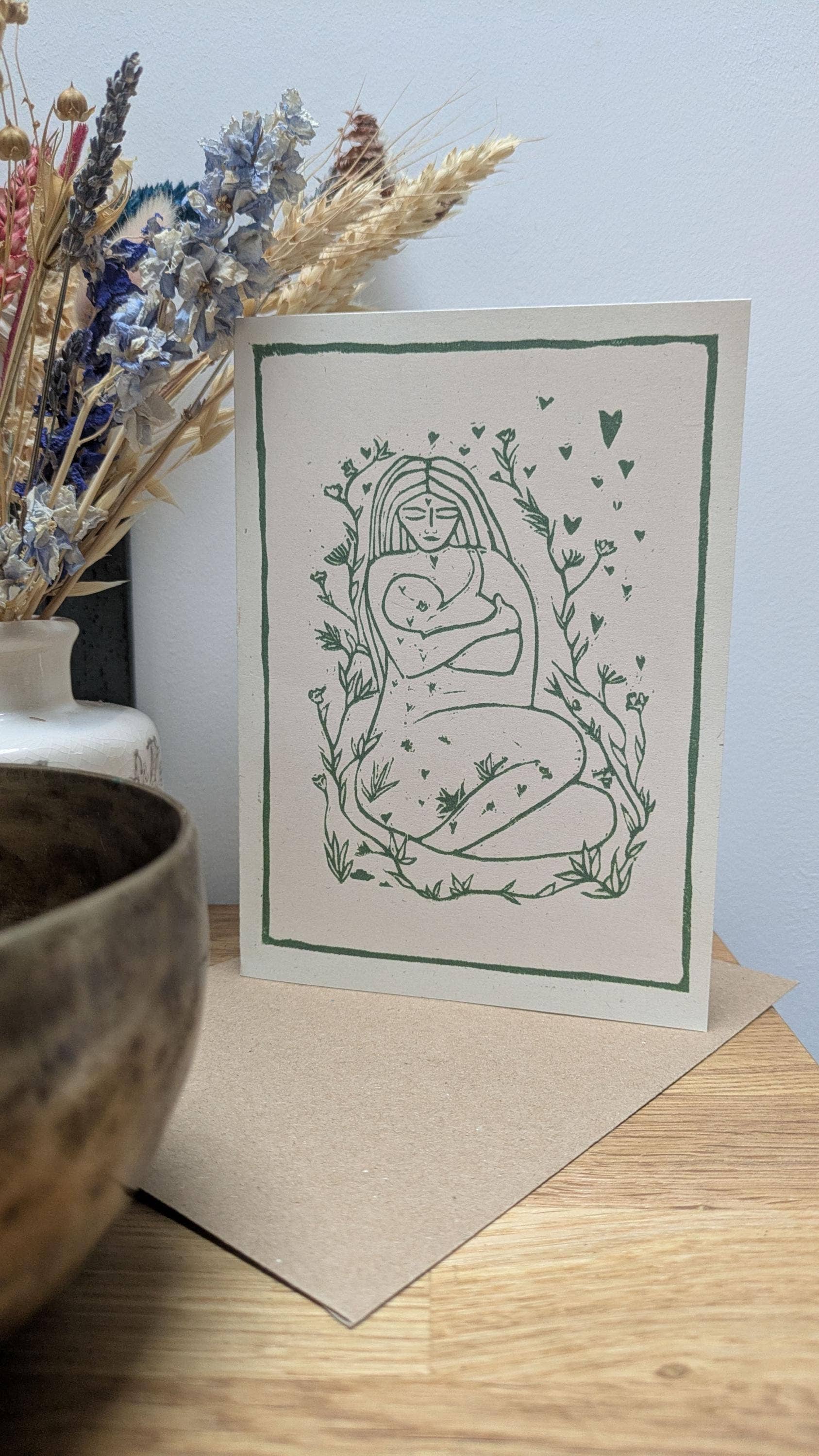 Mother And Baby Linocut Greeting Card