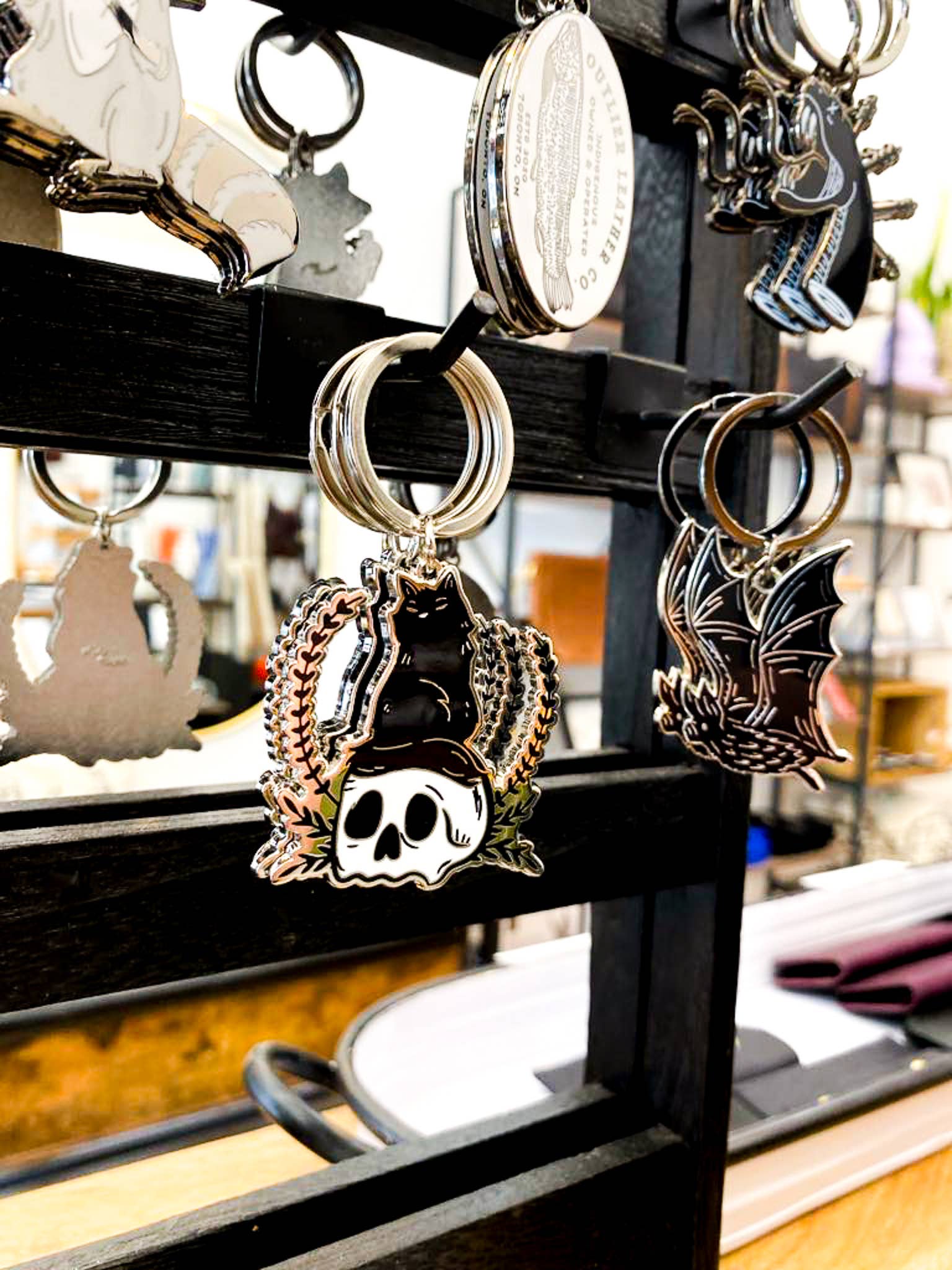 Black Cat & Skull Hard Enamel Keychain