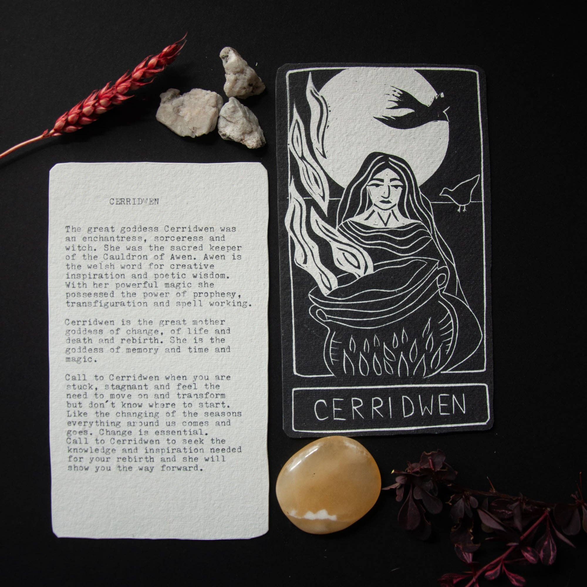 CERRIDWEN ORACLE ALTAR CARD PRINT | Handmade linocut design