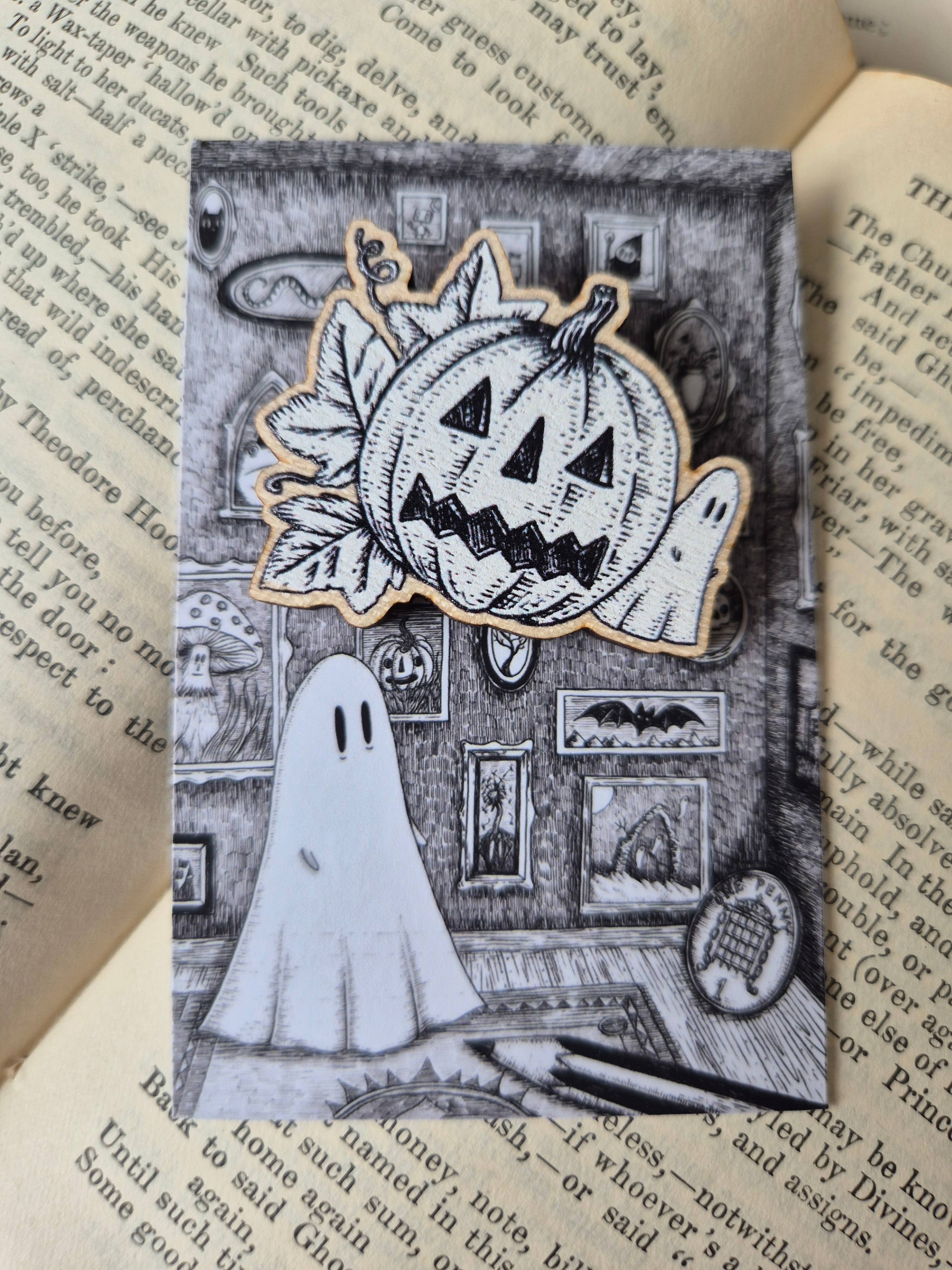 Pumpkin Ghost Wooden Pin Badge